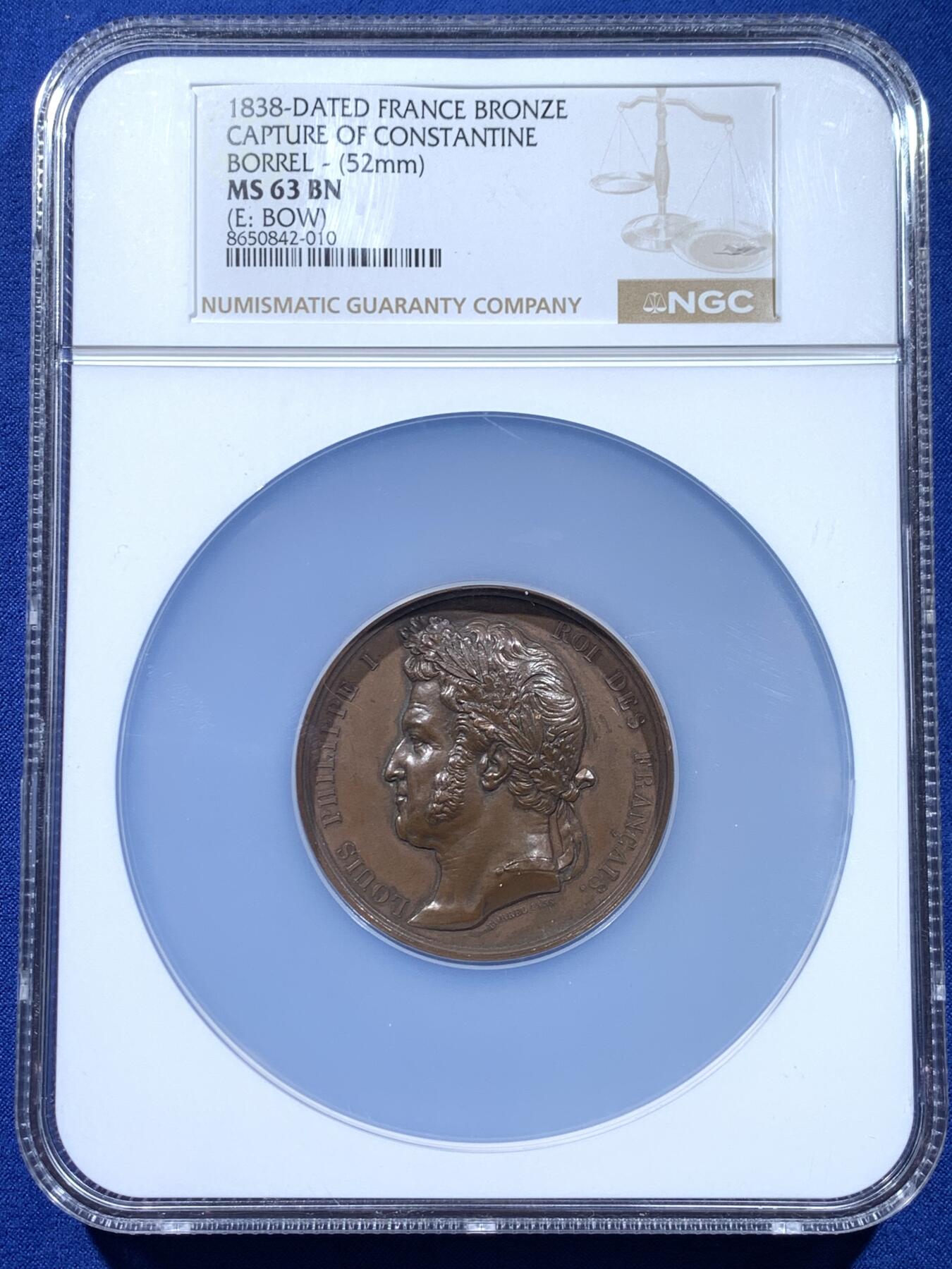 《竞宝斋》第441场 周日，周一，2场连拍 （全场包邮） NGC MS63BN 1838年法国占领君士坦丁纪念大铜章 原铸 加厚加大盒装