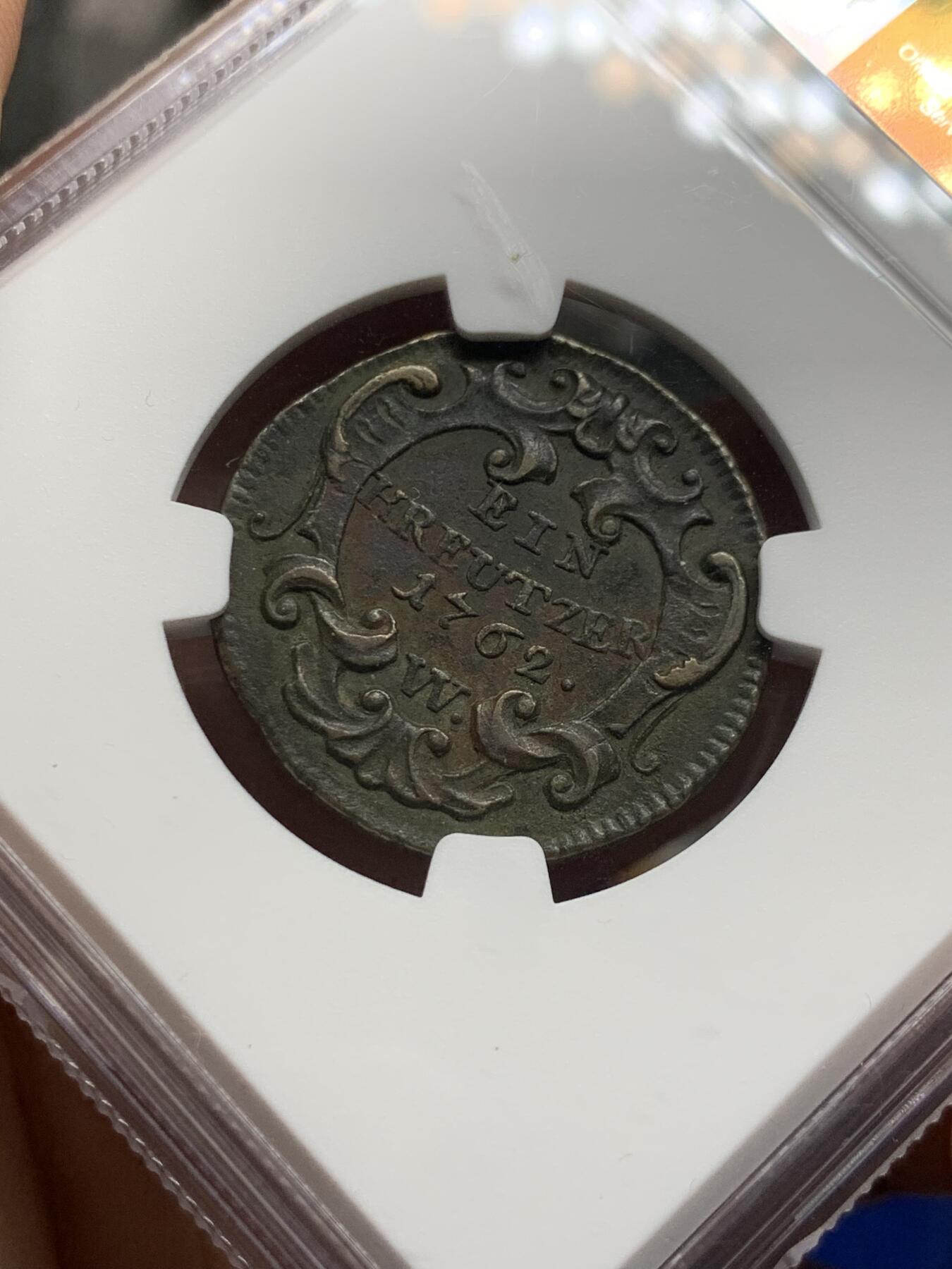 《竞宝斋》第441场 周日，周一，2场连拍 （全场包邮） NGC XFD 神圣罗马帝国 1762 早期1克鲁泽铜币