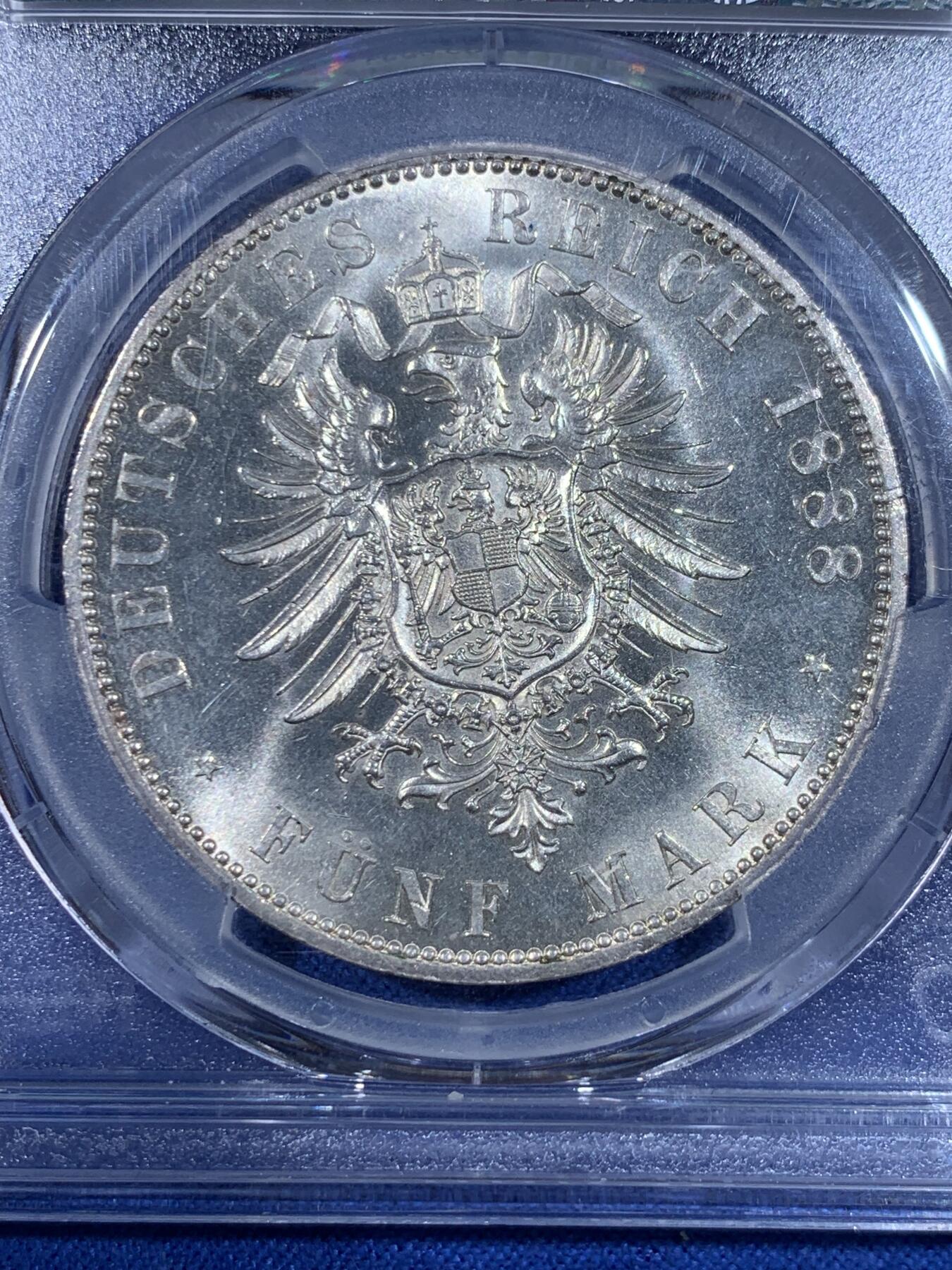 《竞宝斋》第441场 周日，周一，2场连拍 （全场包邮） PCGS MS63 德国 普鲁士 1888 A 弗里德里希三世 5马克 银币 稀有品相 包浆很舒服