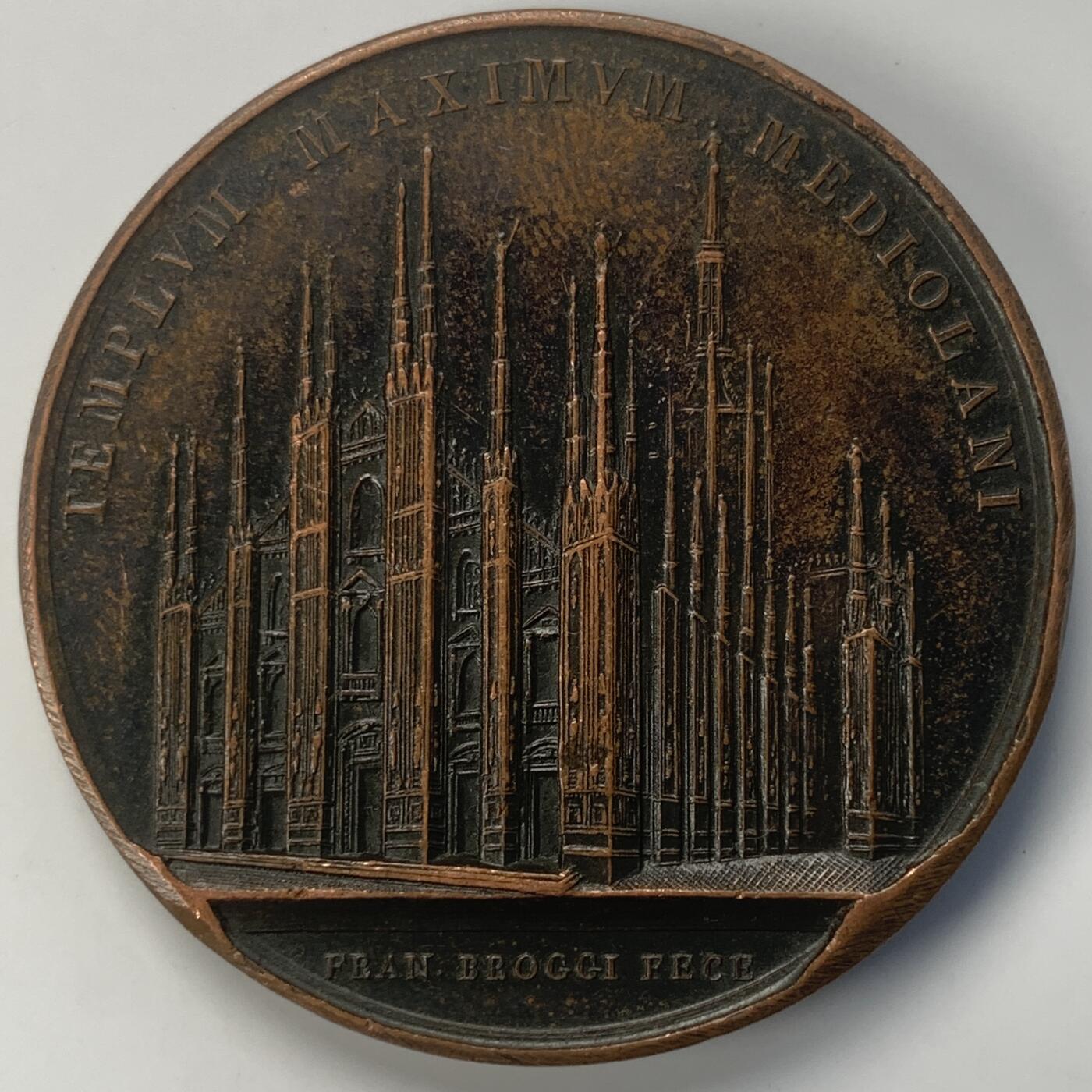 掌中浮雕-藏着的欧洲第043场 1886 年意大利米兰大教堂纪念铜章，教堂始建于1386年，正面头像是当时主持奠基的米兰公爵吉安·维斯孔蒂，47mm