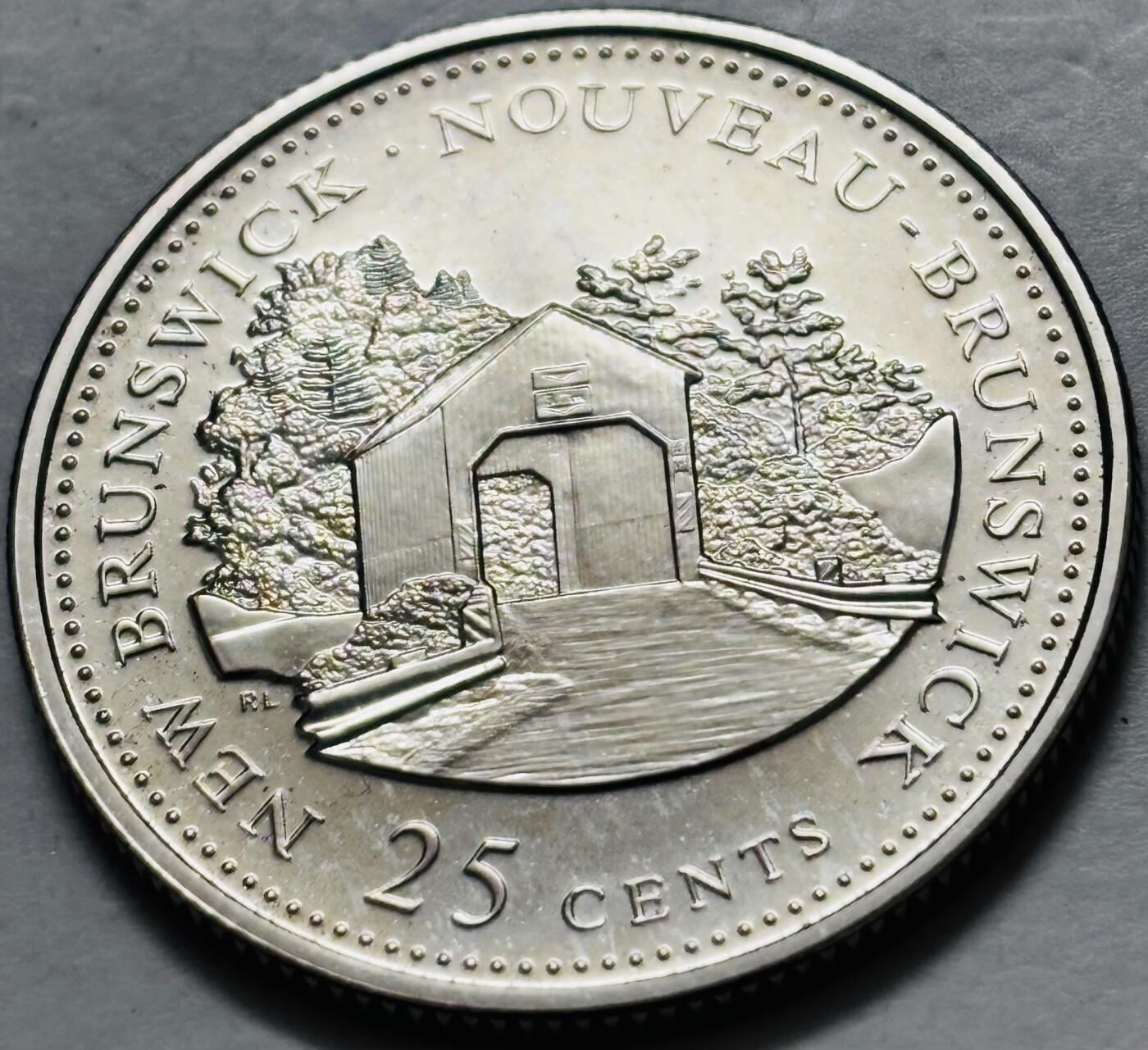 文馨钱币收藏第 282 场，【 长期接收代拍品】，加拿大老铜代用币，银币，德三系列场 少见全新未流通 1992 年加拿大 新布伦瑞克联邦成立 125 周年 25 分纪念币