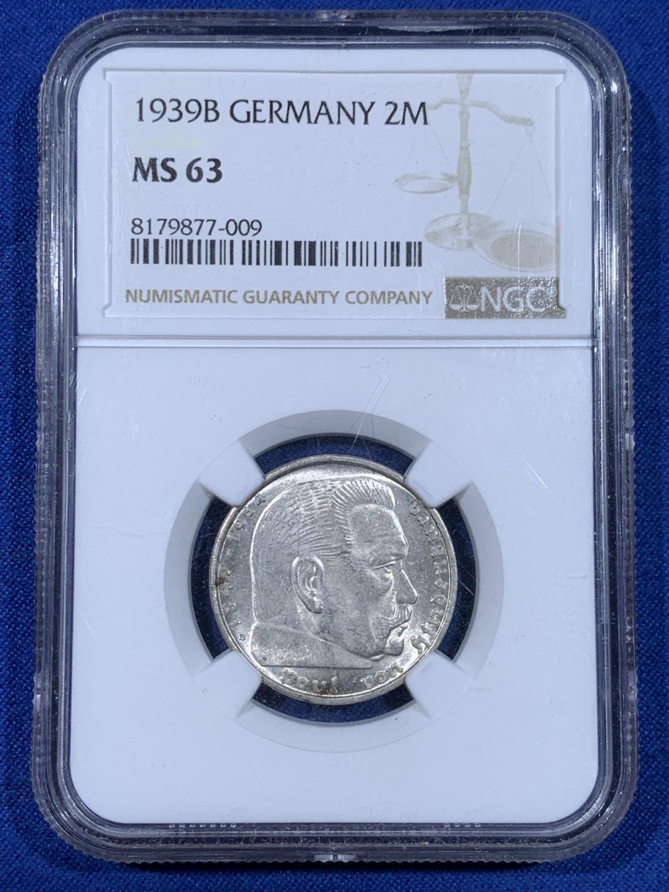 《竞宝斋》第441场 周日，周一，2场连拍 （全场包邮） NGC MS63 德国1939B兴登堡两马克