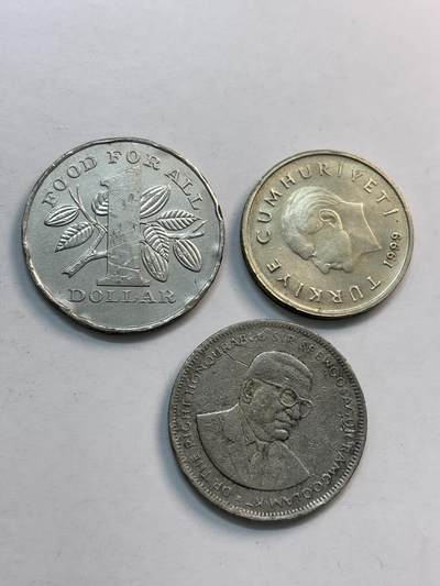 文馨钱币收藏第 282 场，【 长期接收代拍品】，加拿大老铜代用币，银币，德三系列场 - 毛里求斯，土耳其，特立尼达和多巴哥，其中特立尼达和多巴哥一元 FAO 大型纪念币就值十多二十块钱了，共 3 枚