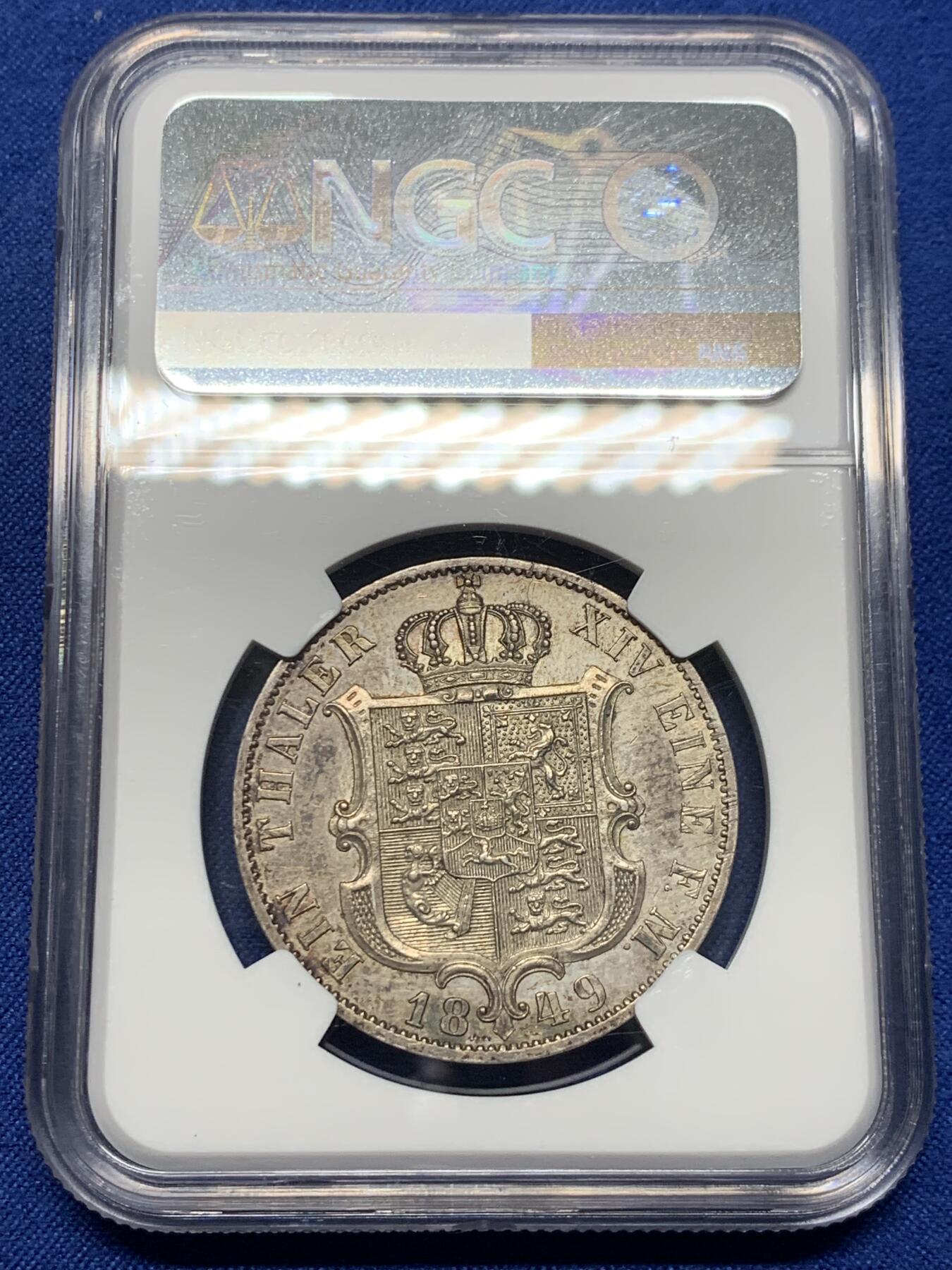 《竞宝斋》第441场 周日，周一，2场连拍 （全场包邮） NGC UNC 德国1849年汉诺威奥古斯特泰勒银币 包浆很好看 可在送评博分