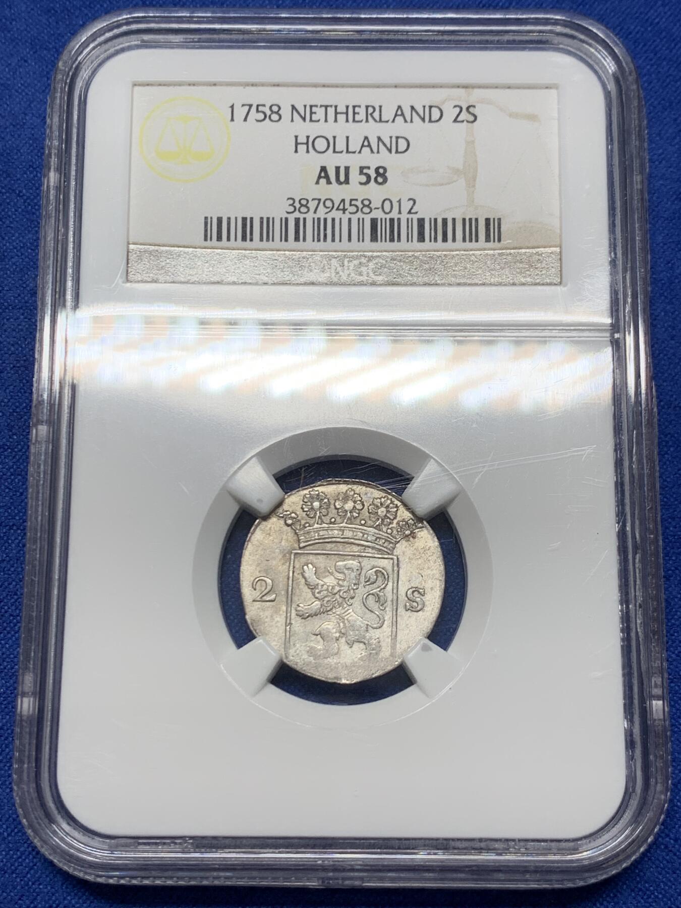 《竞宝斋》第441场 周日，周一，2场连拍 （全场包邮） NGC AU58 荷兰1758年2s银币 购自欧洲老藏家 几乎无流通痕迹 老盒严评