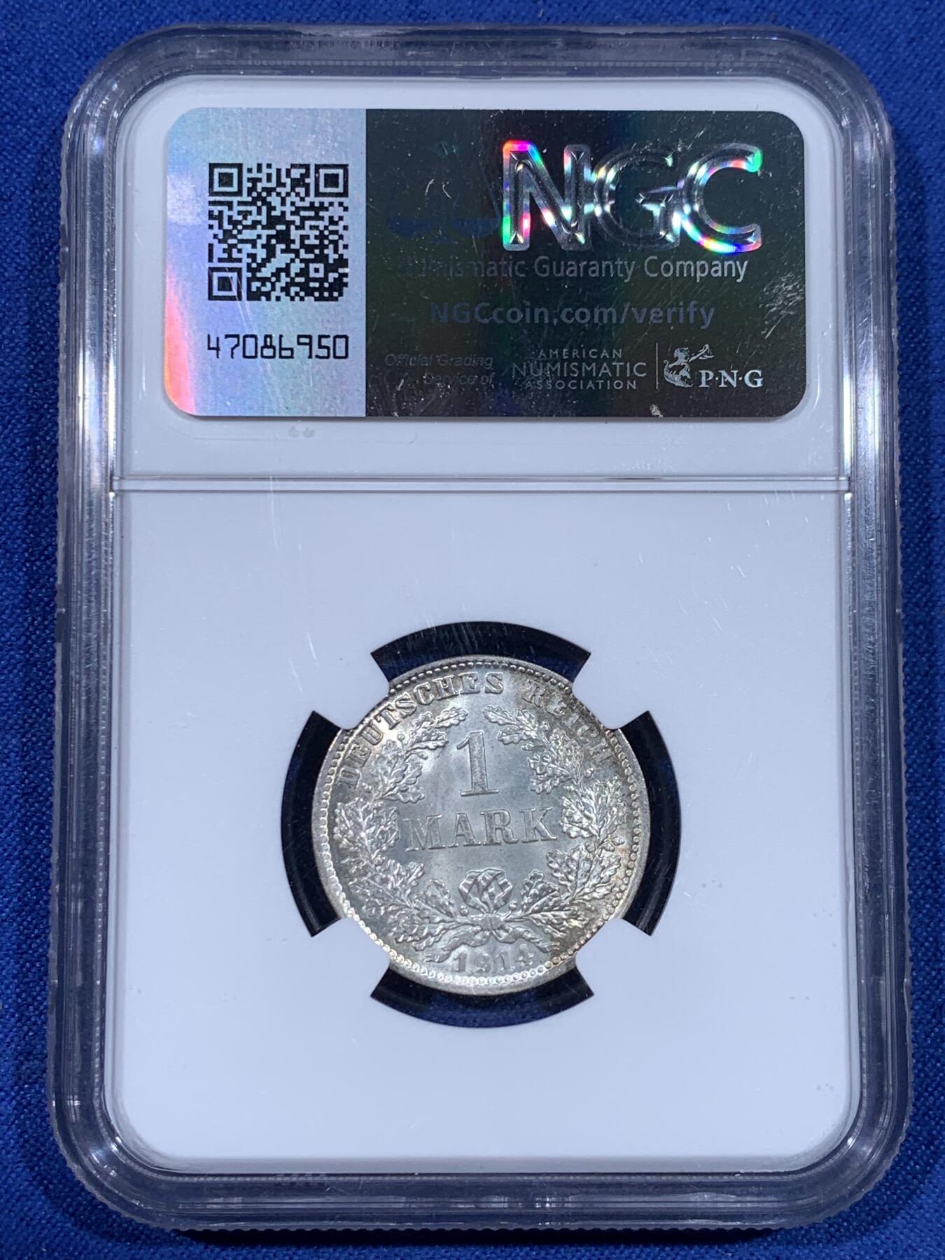 《竞宝斋》第441场 周日，周一，2场连拍 （全场包邮） NGC MS67 德国1914年1马克银币，顶级品相状态，淡彩包浆。