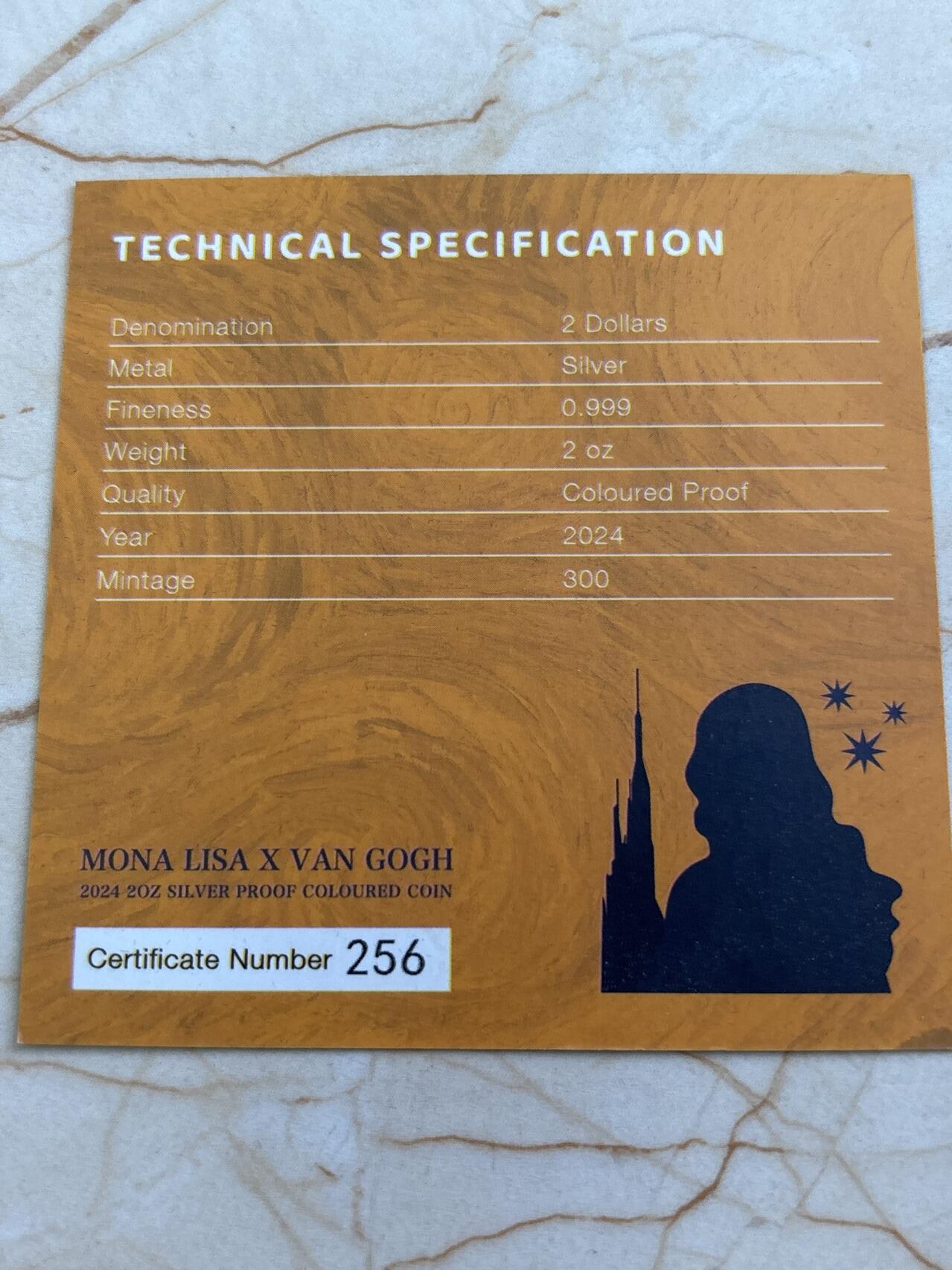 第183期拍卖 斐济2024年星空下的蒙娜丽莎2盎司矩形纪念彩银币，999银，发行300枚，