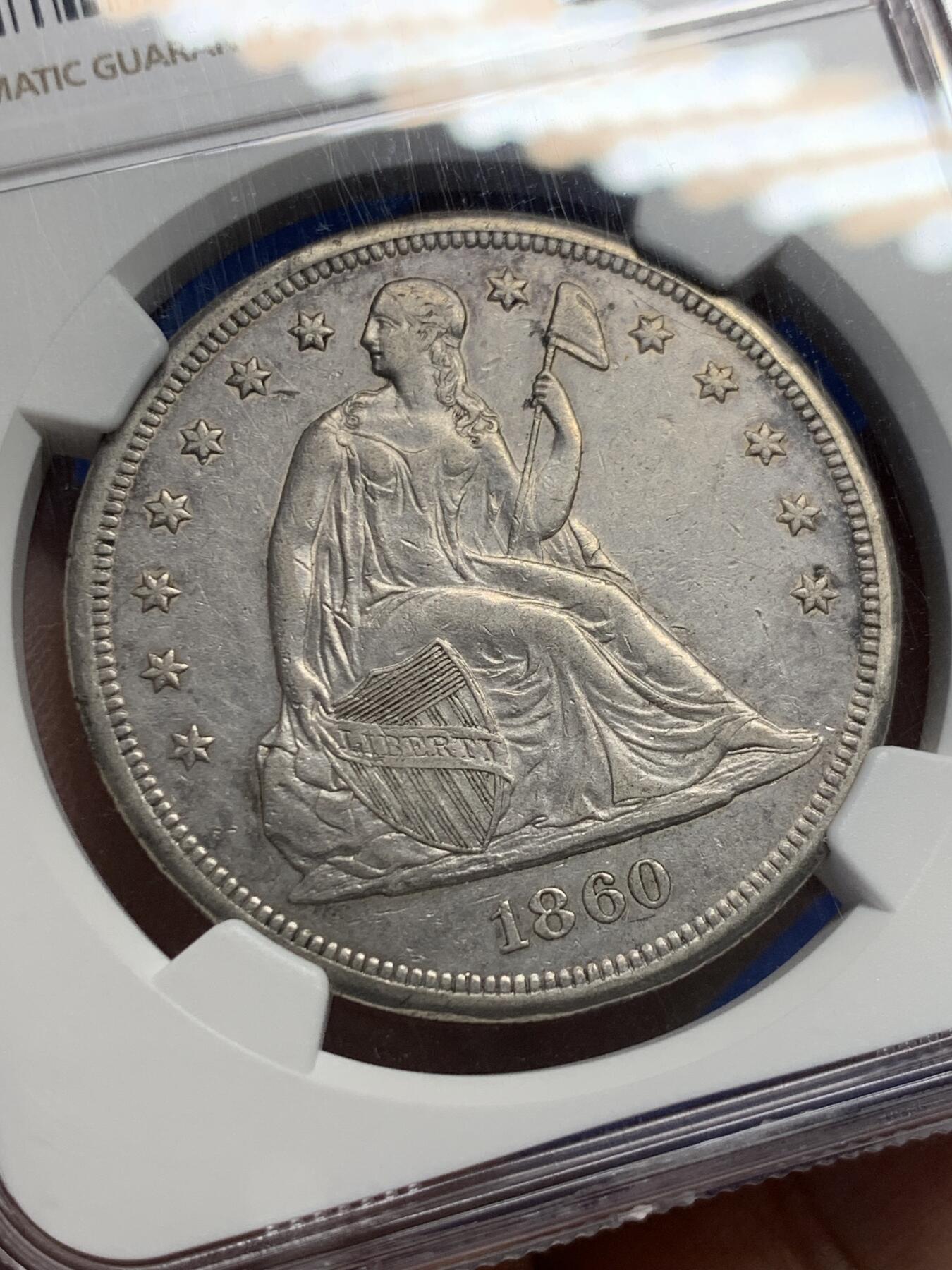 《竞宝斋》第441场 周日，周一，2场连拍 （全场包邮） NGC XFD 美国1860年O版自由女神坐像1美元银币 不带美国箴言“In god we trust”  不常见之物 细节见图