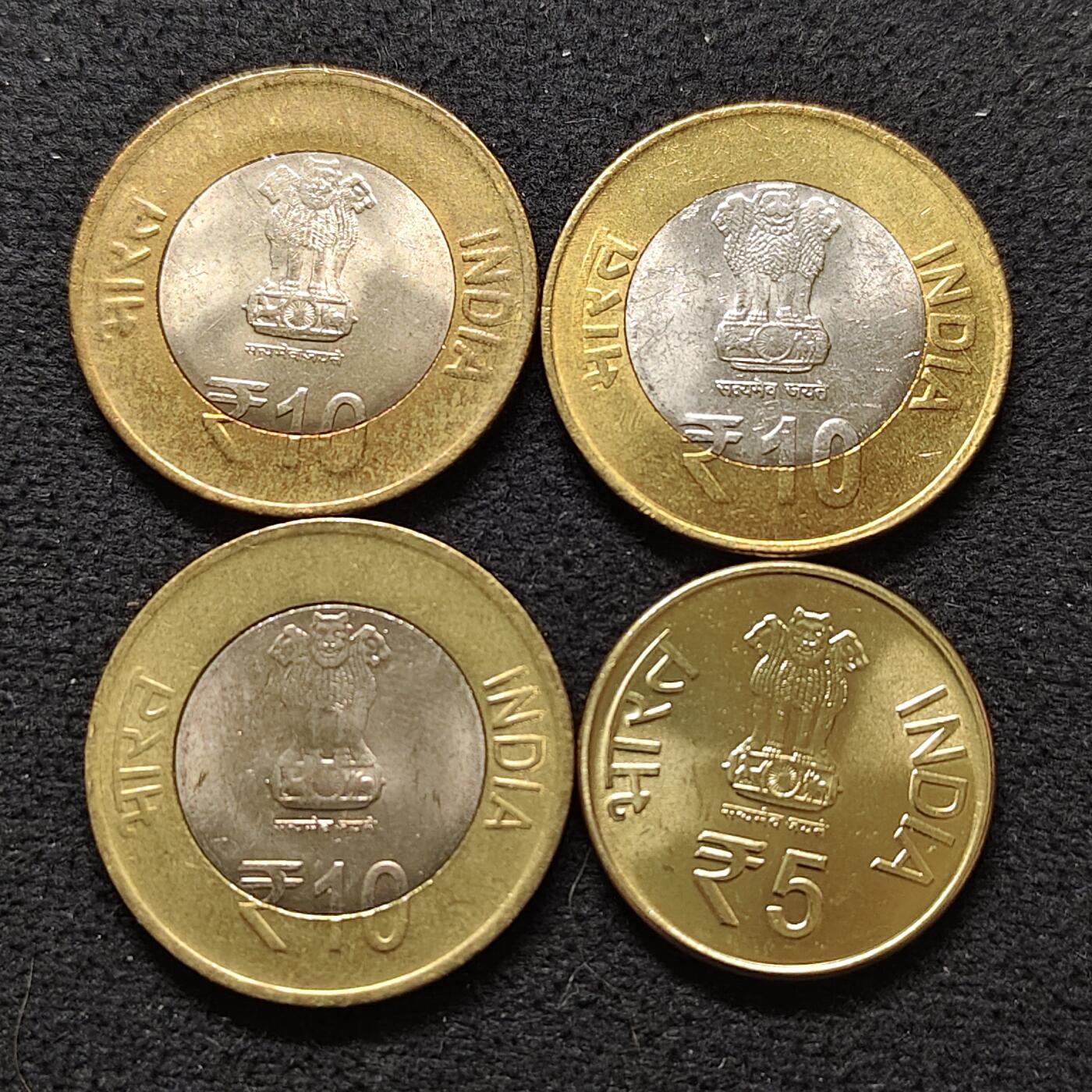 【全场包邮】纯粹捡漏拍480场（免费代拍第17场） 印度各年份5-10卢比纪念币4枚一组-含3枚双色币