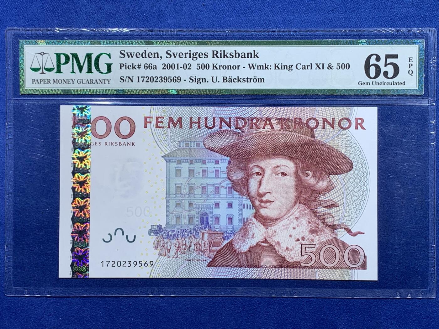 《竞宝斋》第441场 周日，周一，2场连拍 （全场包邮） PMG 65EPQ 瑞典 2001年500克朗 红卡尔 全息初版首发年
