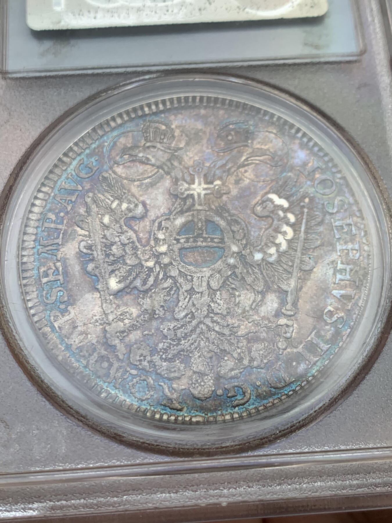 《竞宝斋》第441场 周日，周一，2场连拍 （全场包邮） PCGS AU50  德国纽伦堡1765年双头鹰景观泰勒大银币 早期P盒 保存很不错 状态包浆同样惊人美丽