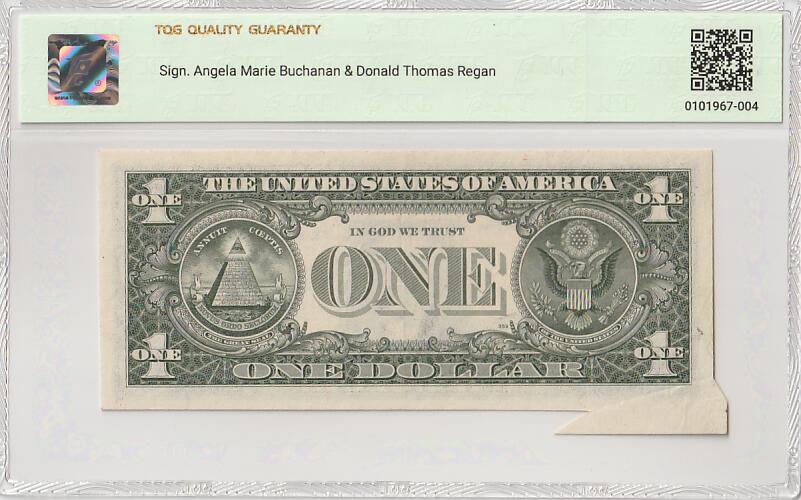 2025十一月第六期，总第204期 美国1981年1元TQG50分，由于边角折叠和剪裁失误造成了一种有趣的“福耳”错版