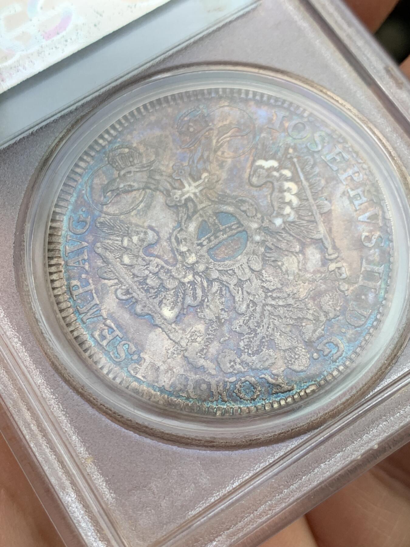 《竞宝斋》第441场 周日，周一，2场连拍 （全场包邮） PCGS AU50  德国纽伦堡1765年双头鹰景观泰勒大银币 早期P盒 保存很不错 状态包浆同样惊人美丽