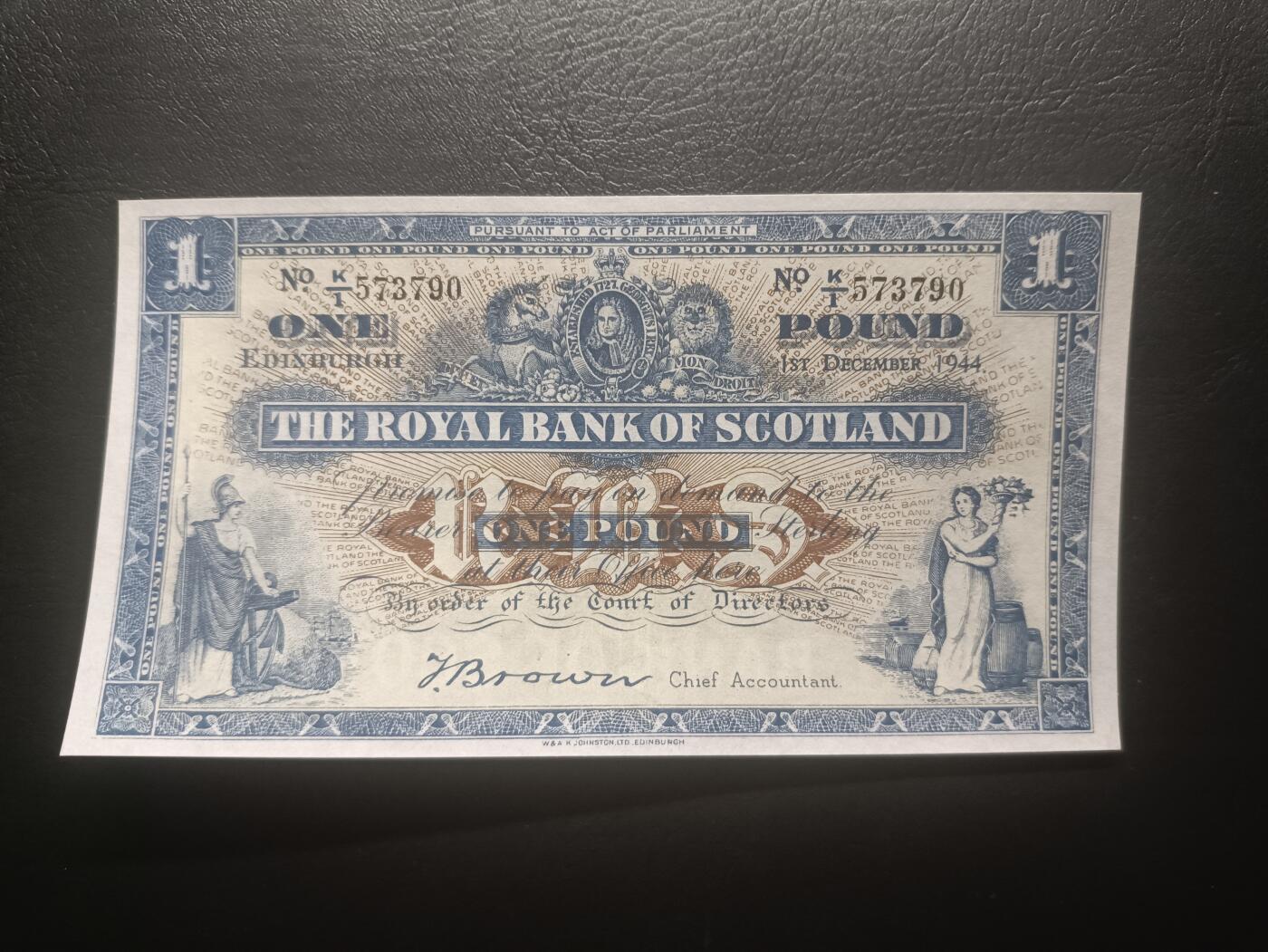 2025十一月第六期，总第204期 苏格兰皇家银行1944年AUNC首冠K/1，不列颠女神和拿花女神/爱丁堡和格拉斯哥的分行，早期少见蓝色墨版本