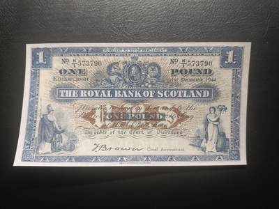 2025十一月第六期，总第204期 - 苏格兰皇家银行1944年AUNC首冠K/1，不列颠女神和拿花女神/爱丁堡和格拉斯哥的分行，早期少见蓝色墨版本