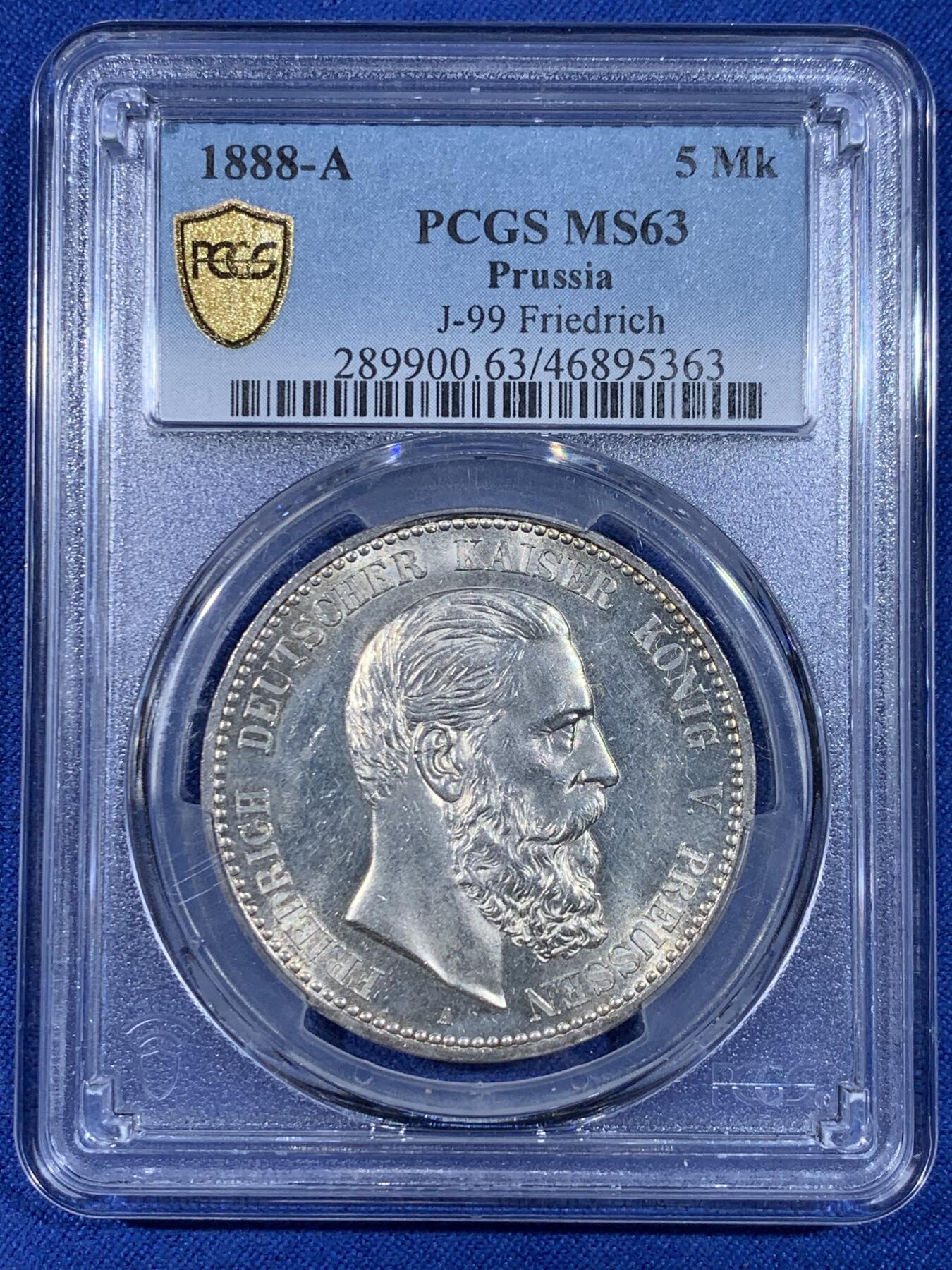 《竞宝斋》第441场 周日，周一，2场连拍 （全场包邮） PCGS MS63 德国 普鲁士 1888 A 弗里德里希三世 5马克 银币 稀有品相 包浆很舒服