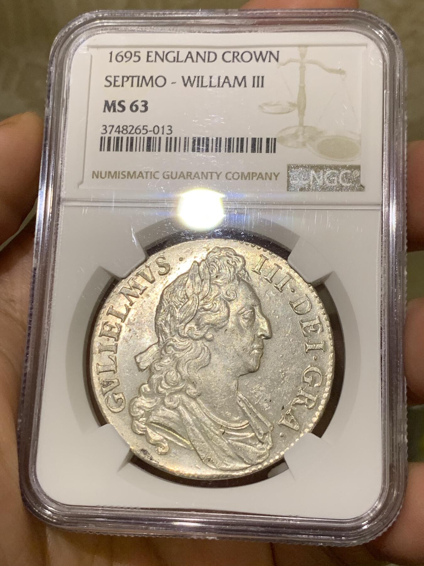 《竞宝斋》第441场 周日，周一，2场连拍 （全场包邮） NGC MS63 英国1695年 威廉三世1克朗银币 全币深打 原银光，历经300多年依然宛如新铸