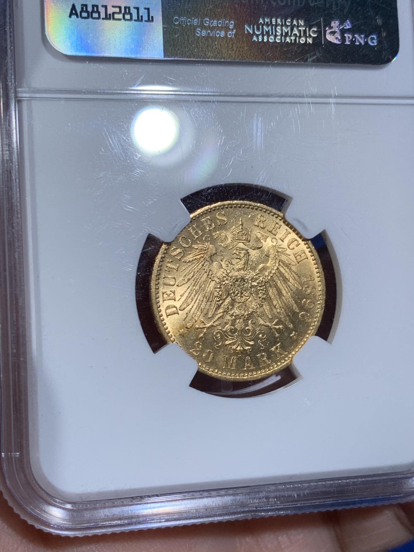 《竞宝斋》第441场 周日，周一，2场连拍 （全场包邮） NGC MS63 德国 普鲁士 1896 A 威廉二世 20马克 金币 早期年份，数量稀少，63分更难得，无敌转光，值得收藏     7.965克900金