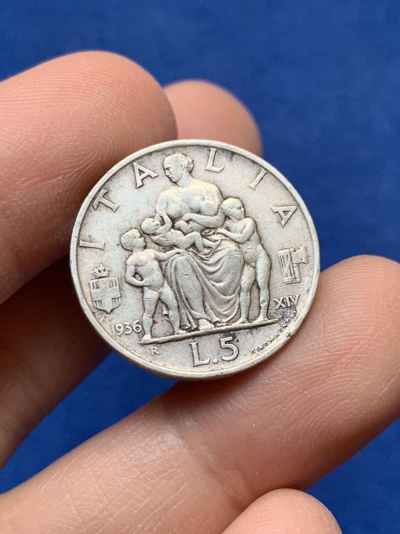 《竞宝斋》第441场 周日，周一，2场连拍 （全场包邮） 意大利1936年伊曼纽尔三世5里拉银币