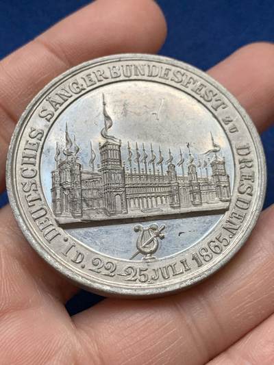 《竞宝斋》第441场 周日，周一，2场连拍 （全场包邮） - 1865年德国德累斯顿首届音乐节纪念锡章，高浮雕，36.7克，46.2mm