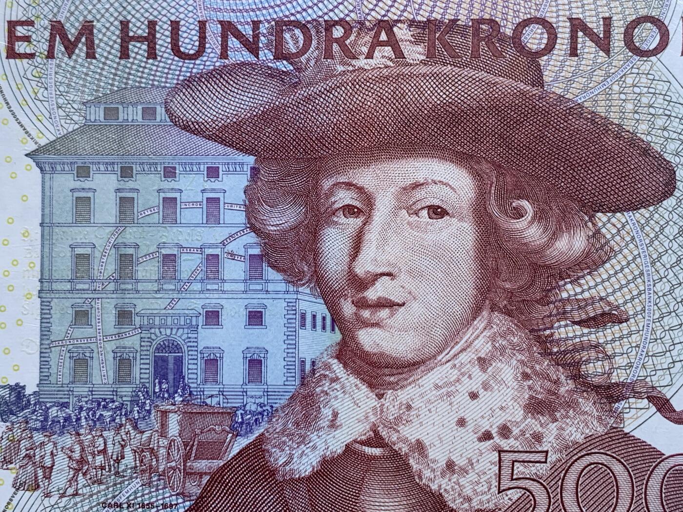 《竞宝斋》第441场 周日，周一，2场连拍 （全场包邮） PMG 65EPQ 瑞典 2001年500克朗 红卡尔 全息初版首发年