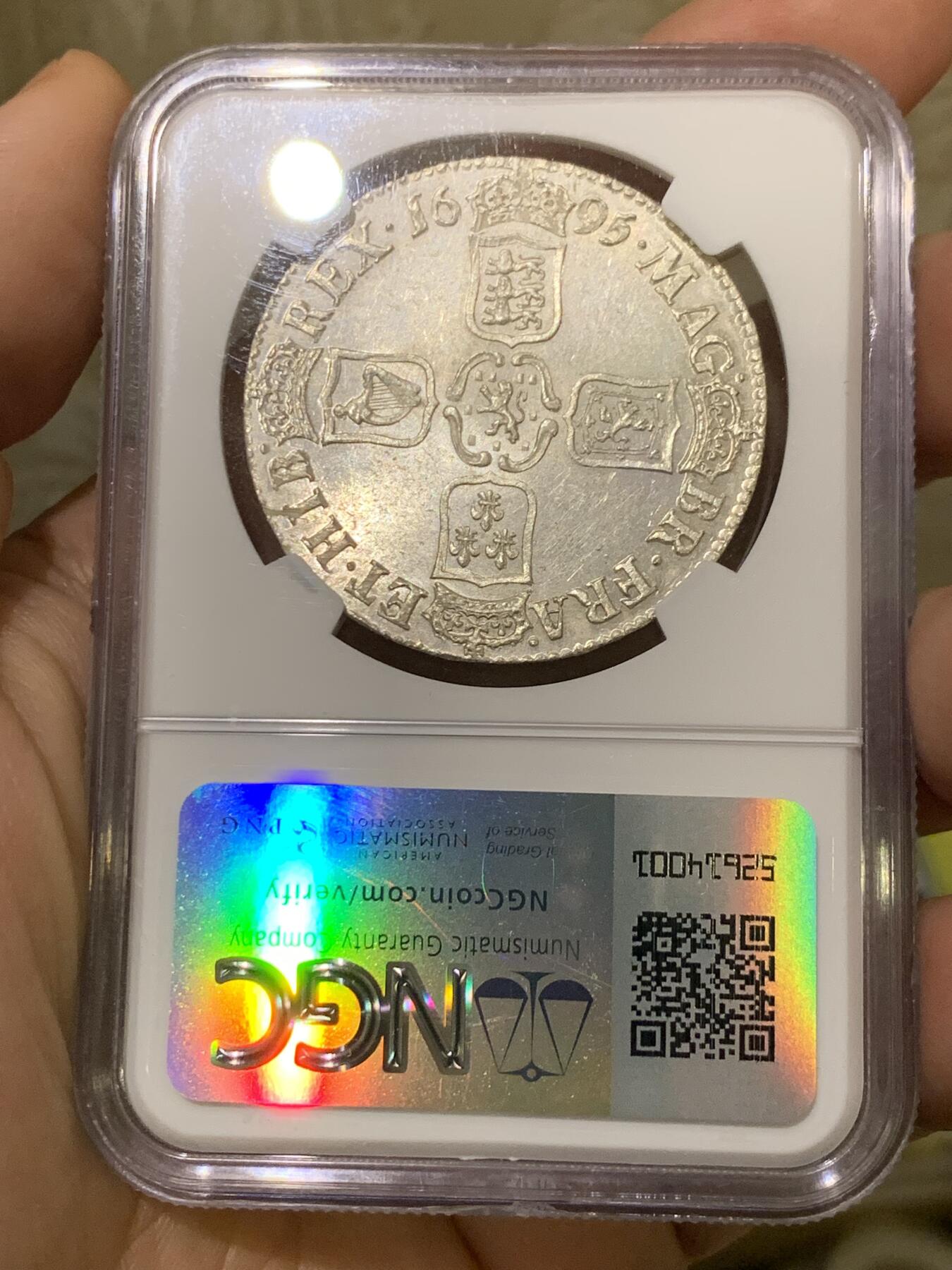 《竞宝斋》第441场 周日，周一，2场连拍 （全场包邮） NGC MS63 英国1695年 威廉三世1克朗银币 全币深打 原银光，历经300多年依然宛如新铸