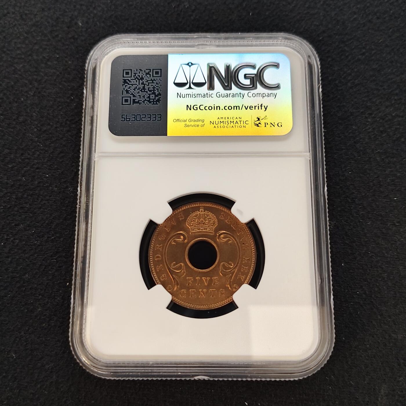 【全场包邮】纯粹捡漏拍481场（免费代拍第18场） 英属东非1952年乔治六世5分铜币-NGC MS65 RB