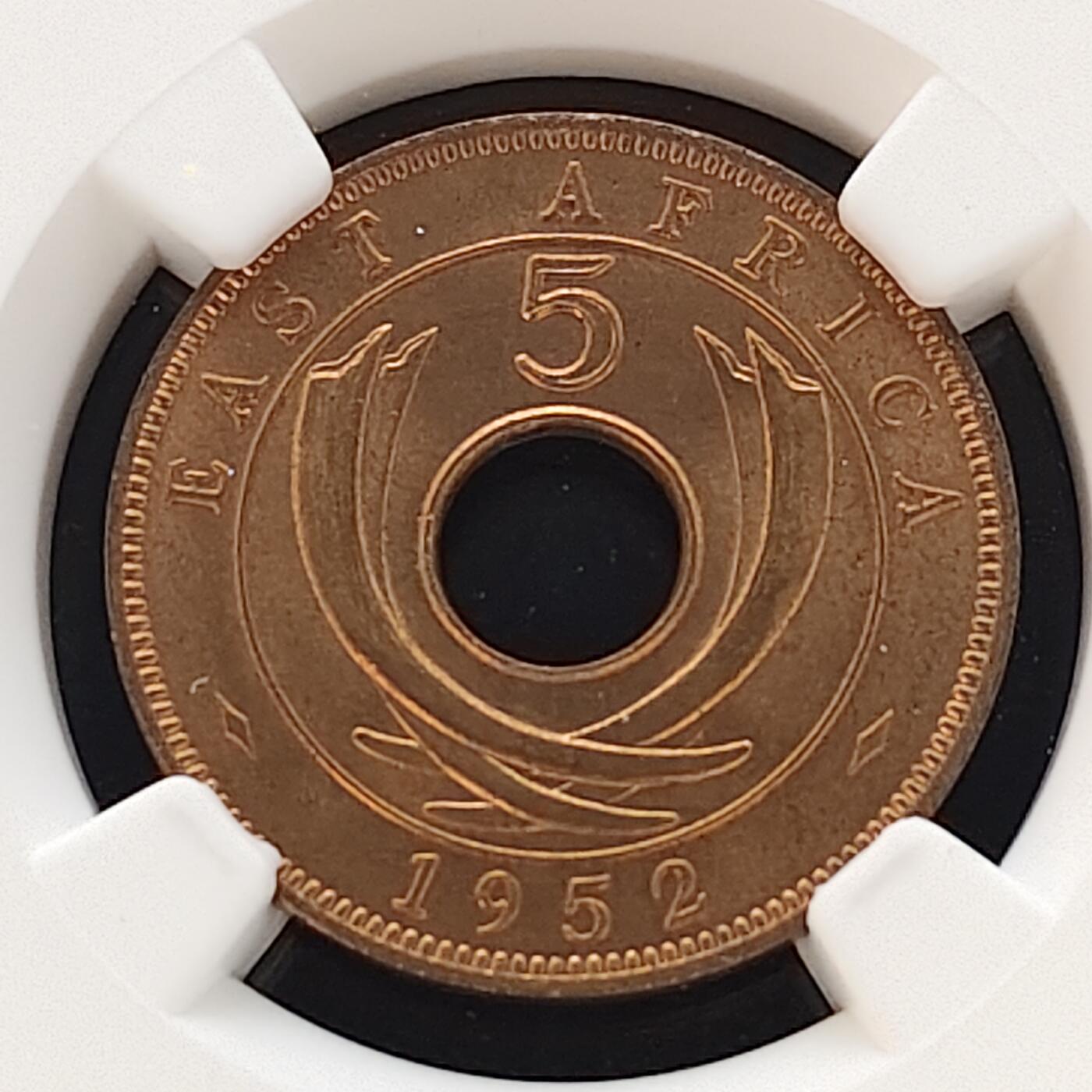 【全场包邮】纯粹捡漏拍481场（免费代拍第18场） 英属东非1952年乔治六世5分铜币-NGC MS65 RB