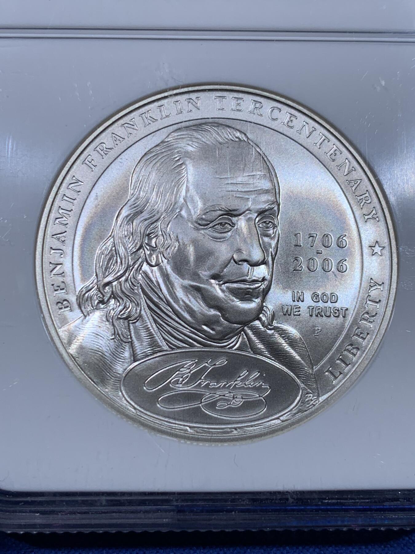 《竞宝斋》第441场 周日，周一，2场连拍 （全场包邮） NGC MS70 美国2006年P版国父富兰克林1美元大银币 满分佳品