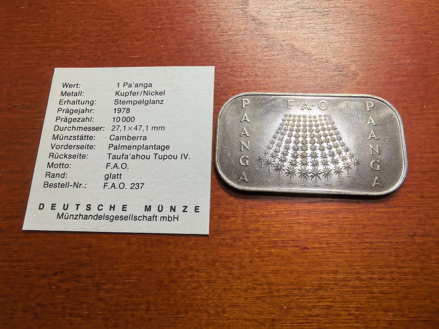 长老汇蛇年精选第七十七场拍卖 1978汤加FAO1潘加饼干币，加字版，1万枚