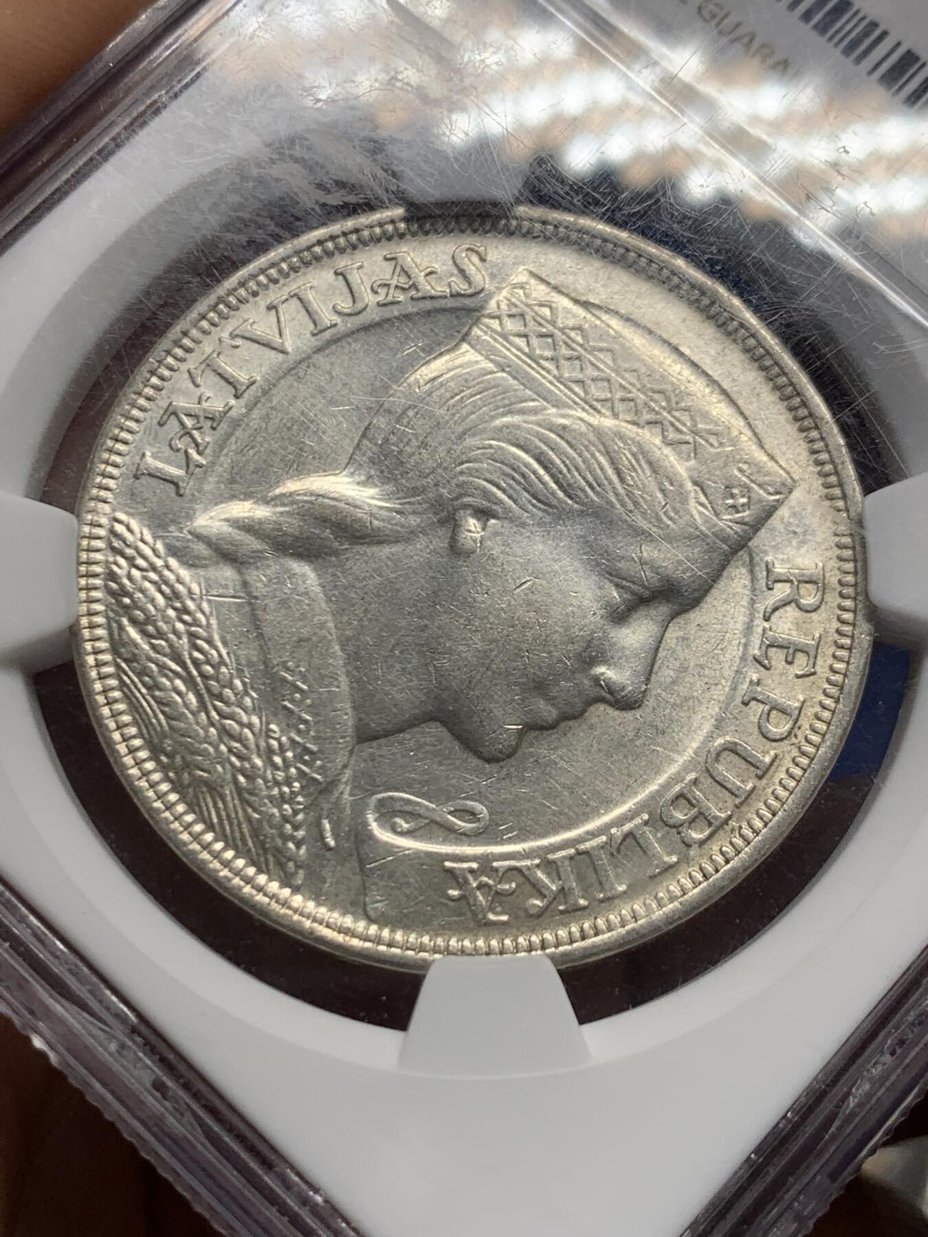 《竞宝斋》第441场 周日，周一，2场连拍 （全场包邮） NGC AUD 拉脱维亚1932年5拉特银币 经典品种，也是谷物女神中最美品种