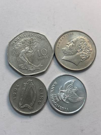 文馨钱币收藏第 282 场，【 长期接收代拍品】，加拿大老铜代用币，银币，德三系列场 - 毛里求斯，爱尔兰，希腊，印度尼西亚 4 枚