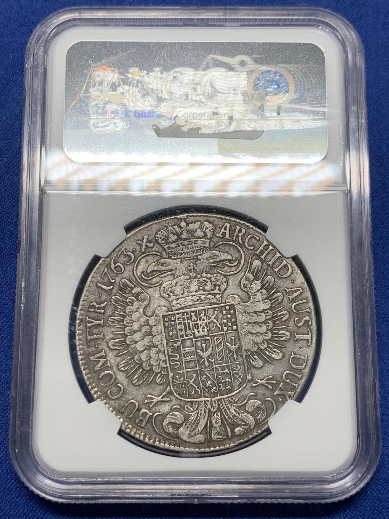 《竞宝斋》第441场 周日，周一，2场连拍 （全场包邮） NGC XFD 奥地利1763玛利亚特蕾莎1泰勒，帝国双头鹰银币。