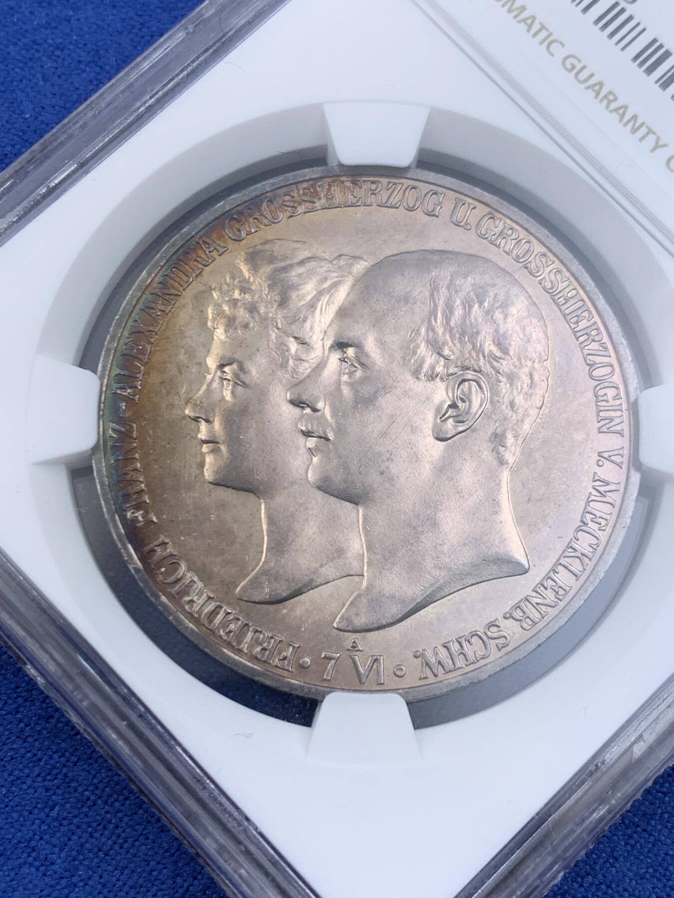 《竞宝斋》第441场 周日，周一，2场连拍 （全场包邮） NGC PF63 德国1904梅克伦堡什未林皇家大婚纪念5马克，发行量仅2500枚顶级小邦精制马克，镜面底板香槟色月牙彩，值得收藏