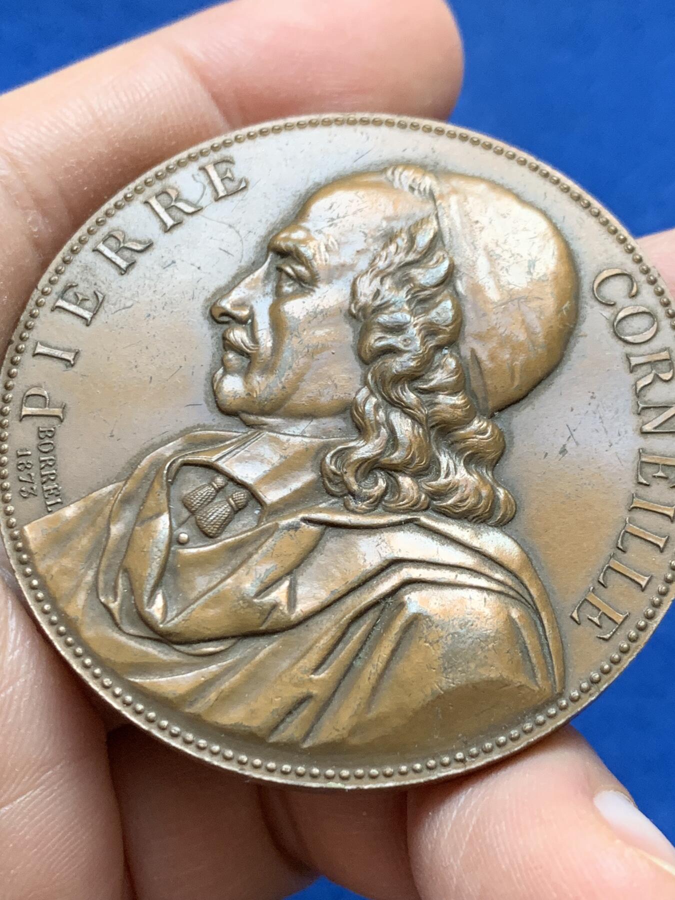 《竞宝斋》第441场 周日，周一，2场连拍 （全场包邮） 法国人物大铜章 悲剧大师皮埃尔·高乃依 直径50.2mm 重量68.8g 1978 丰饶角铜标