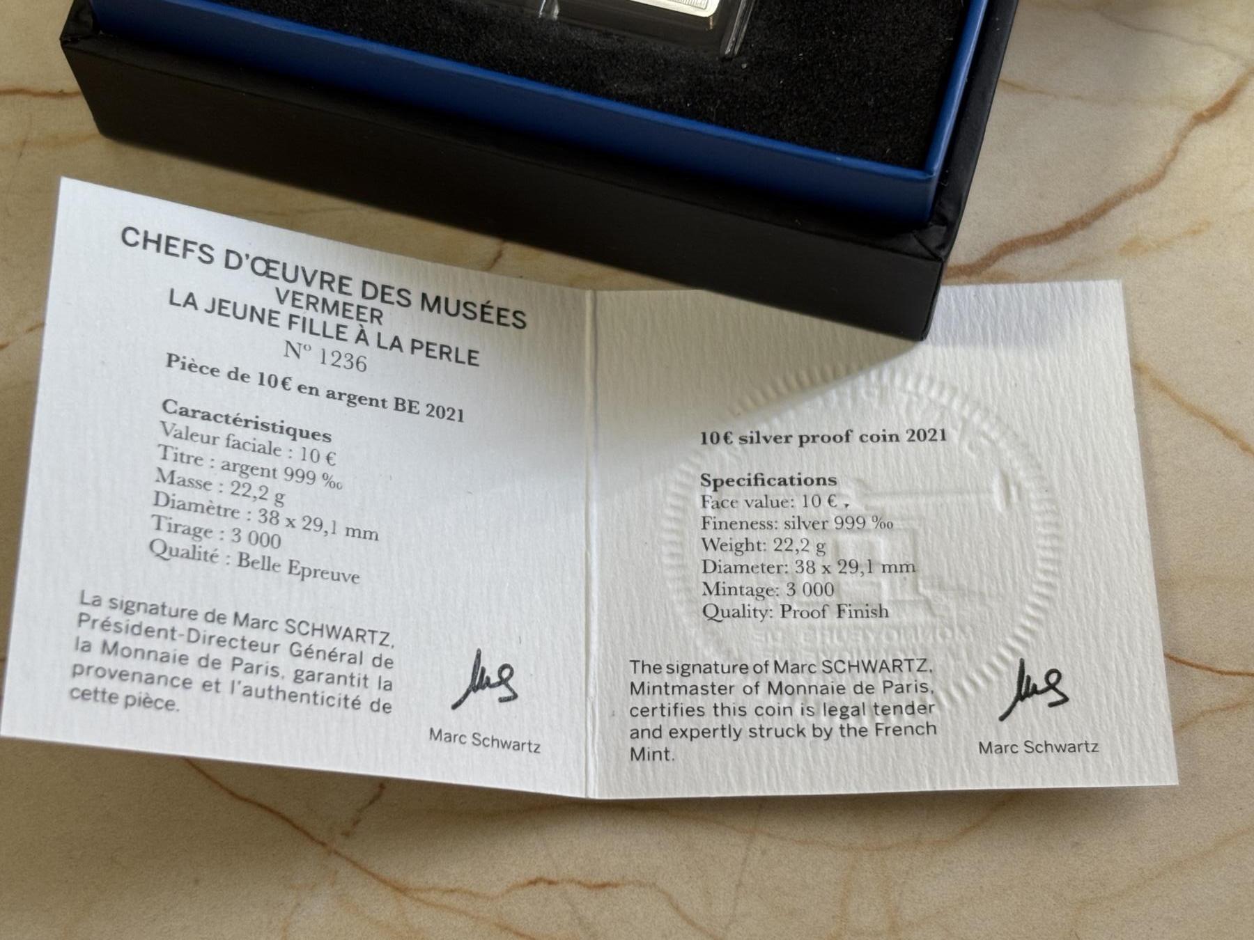 第183期拍卖 法国2021名画系列戴珍珠耳环的少女22克纪念银币，999银，22.2克，发行3000枚