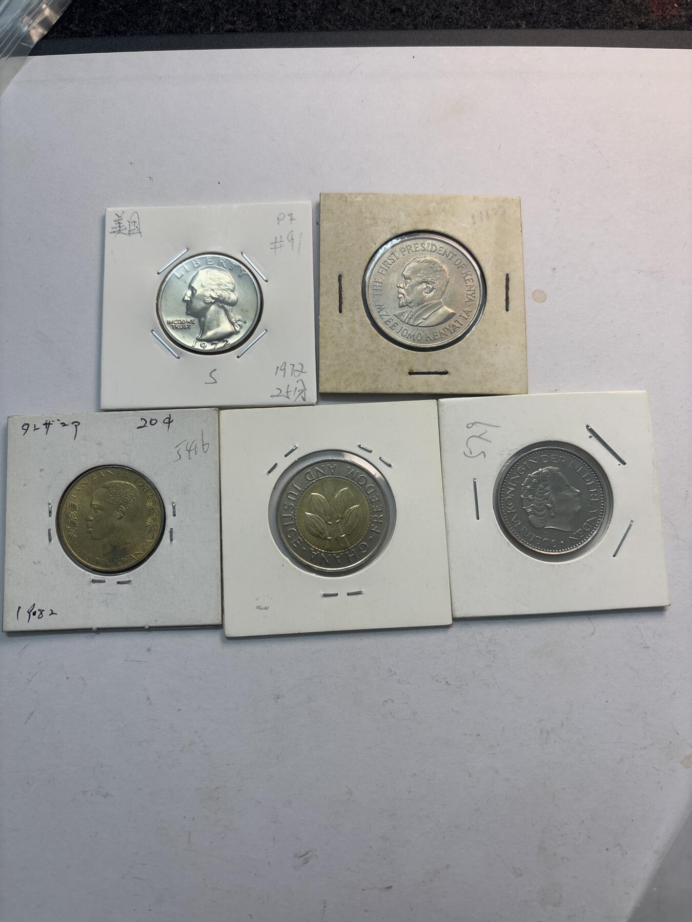 文馨钱币收藏第 282 场，【 长期接收代拍品】，加拿大老铜代用币，银币，德三系列场 原光美国，肯尼亚，荷兰，加纳，坦桑尼亚 5 枚