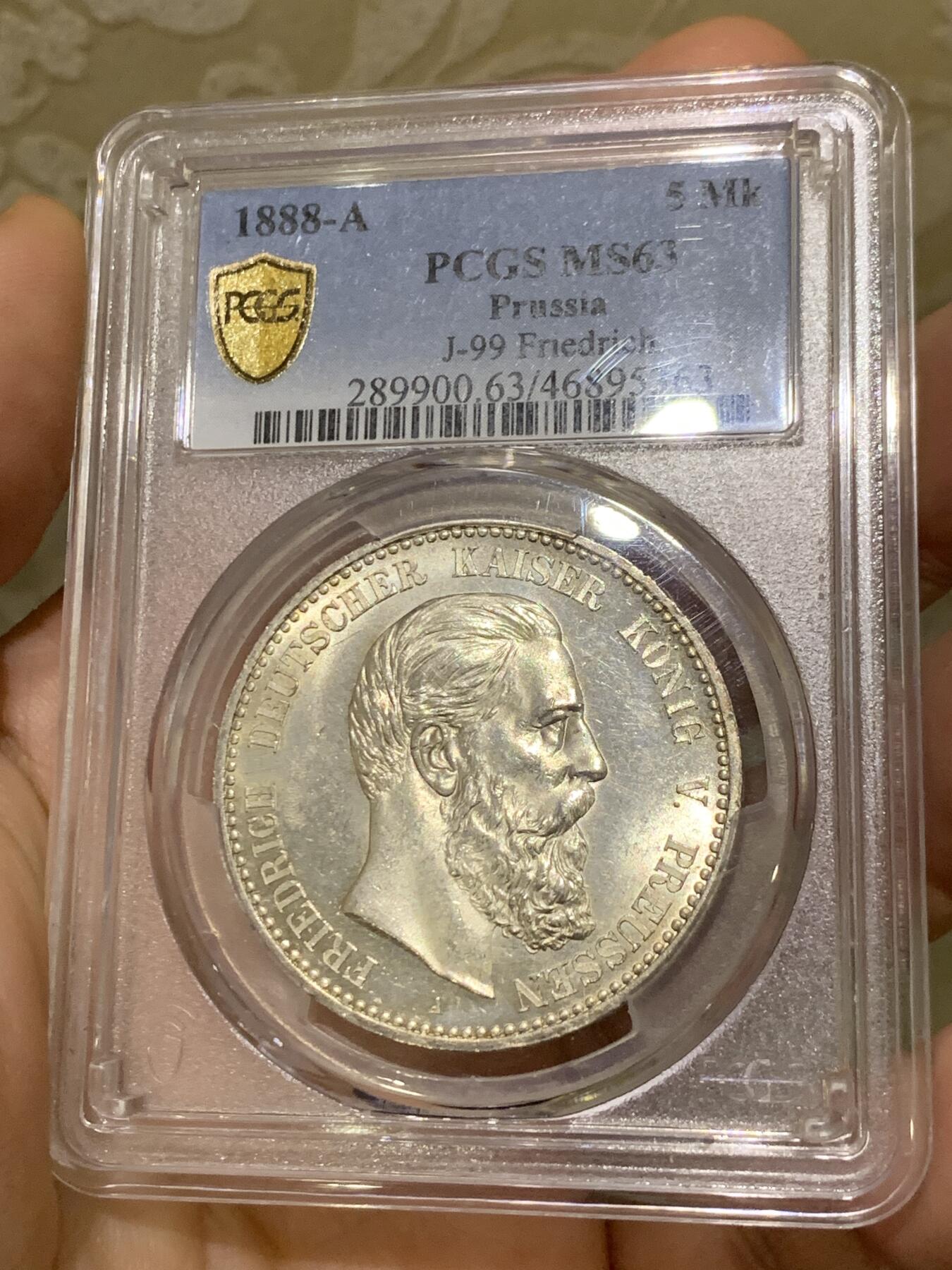 《竞宝斋》第441场 周日，周一，2场连拍 （全场包邮） PCGS MS63 德国 普鲁士 1888 A 弗里德里希三世 5马克 银币 稀有品相 包浆很舒服