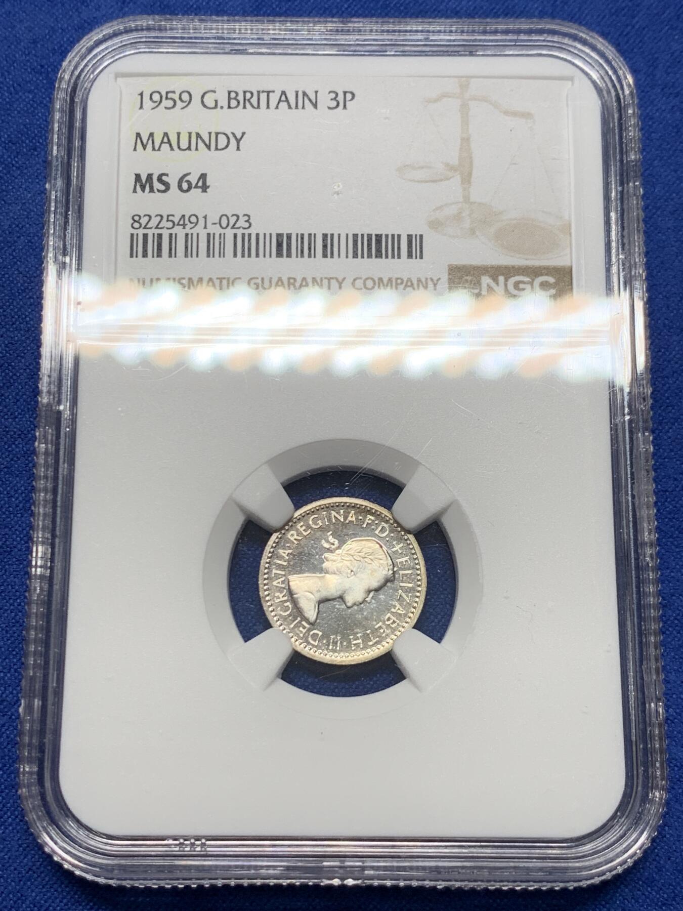 《竞宝斋》第441场 周日，周一，2场连拍 （全场包邮） NGC MS64 英国1959年3便士濯足节银币