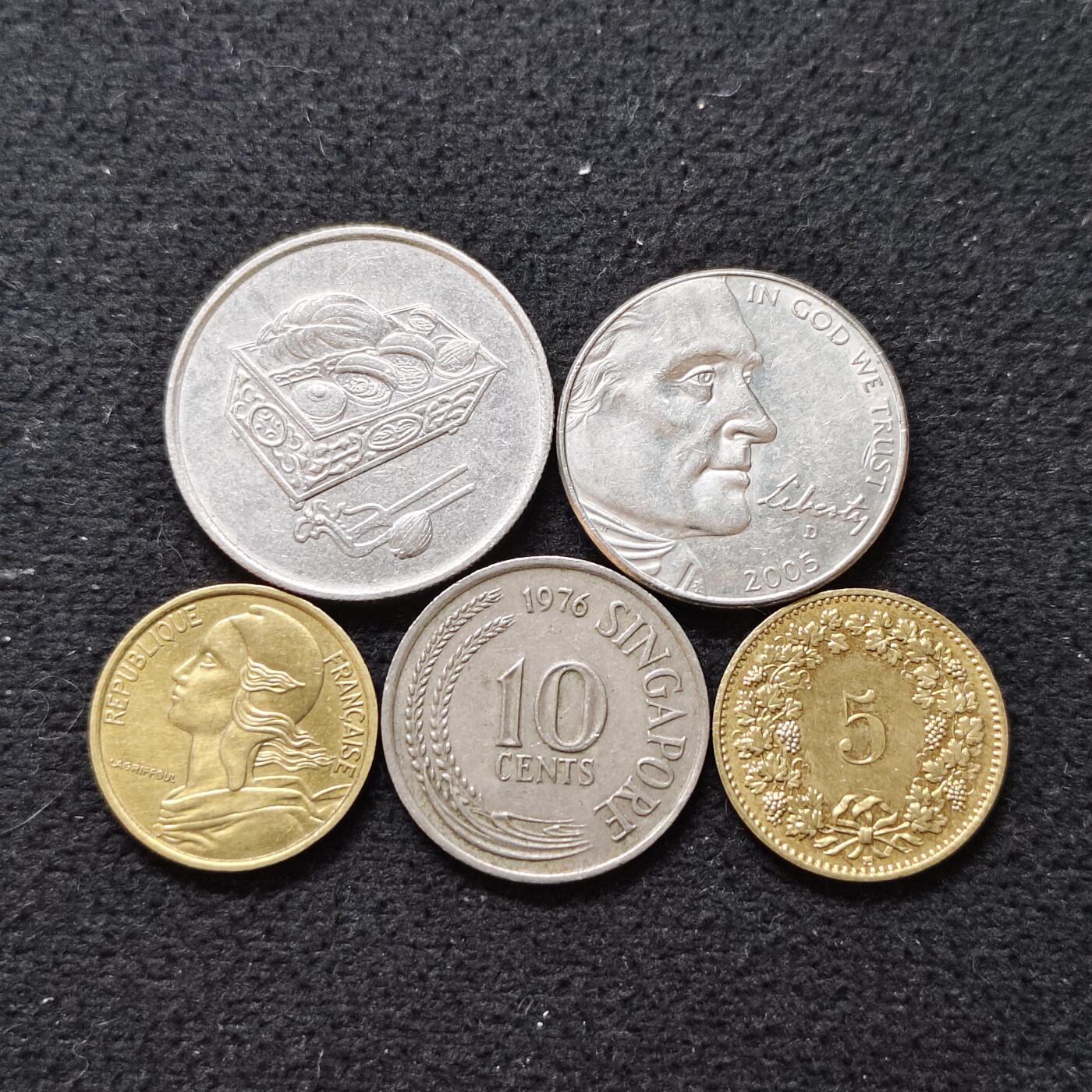 【全场包邮】纯粹捡漏拍480场（免费代拍第17场） 世界各国各年份散币5枚一组-美国+法国+瑞士+新加坡+马来西亚