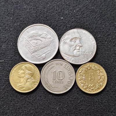 【全场包邮】纯粹捡漏拍480场（免费代拍第17场） - 世界各国各年份散币5枚一组-美国+法国+瑞士+新加坡+马来西亚