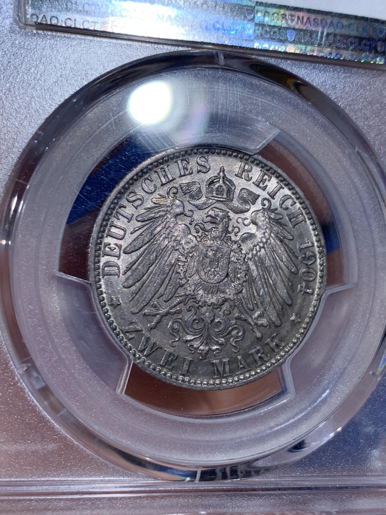 《竞宝斋》第441场 周日，周一，2场连拍 （全场包邮） PCGS MS64 德国1904J 不莱美2马克 银币 双面原味深灰包浆，整体状态极优。