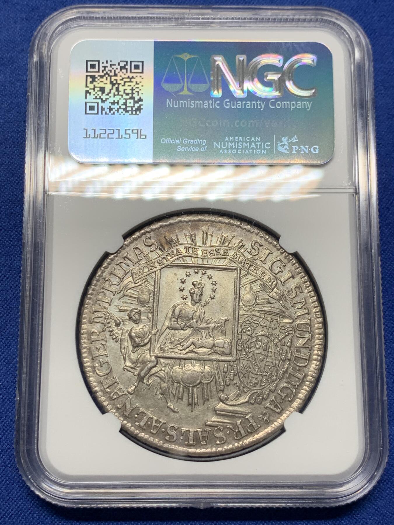 《竞宝斋》第441场 周日，周一，2场连拍 （全场包邮） NGC AU58 萨尔茨堡 1758年 西格斯蒙德主教泰勒大银币 非常少见的一枚 状态极好 手腕高点都保存的很好 确实低评了