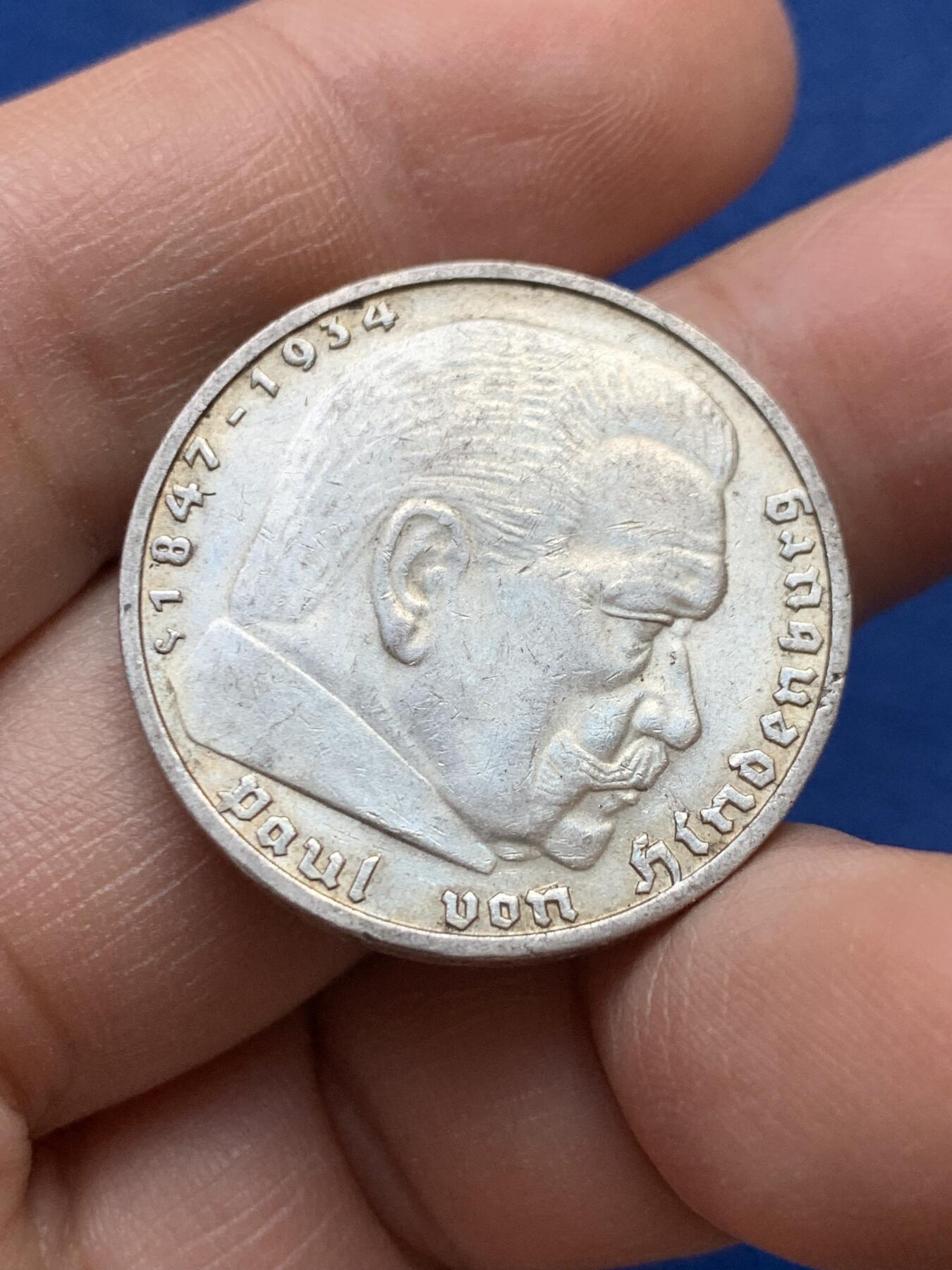 《竞宝斋》第441场 周日，周一，2场连拍 （全场包邮） 德国1939年兴登堡J版5马克银币