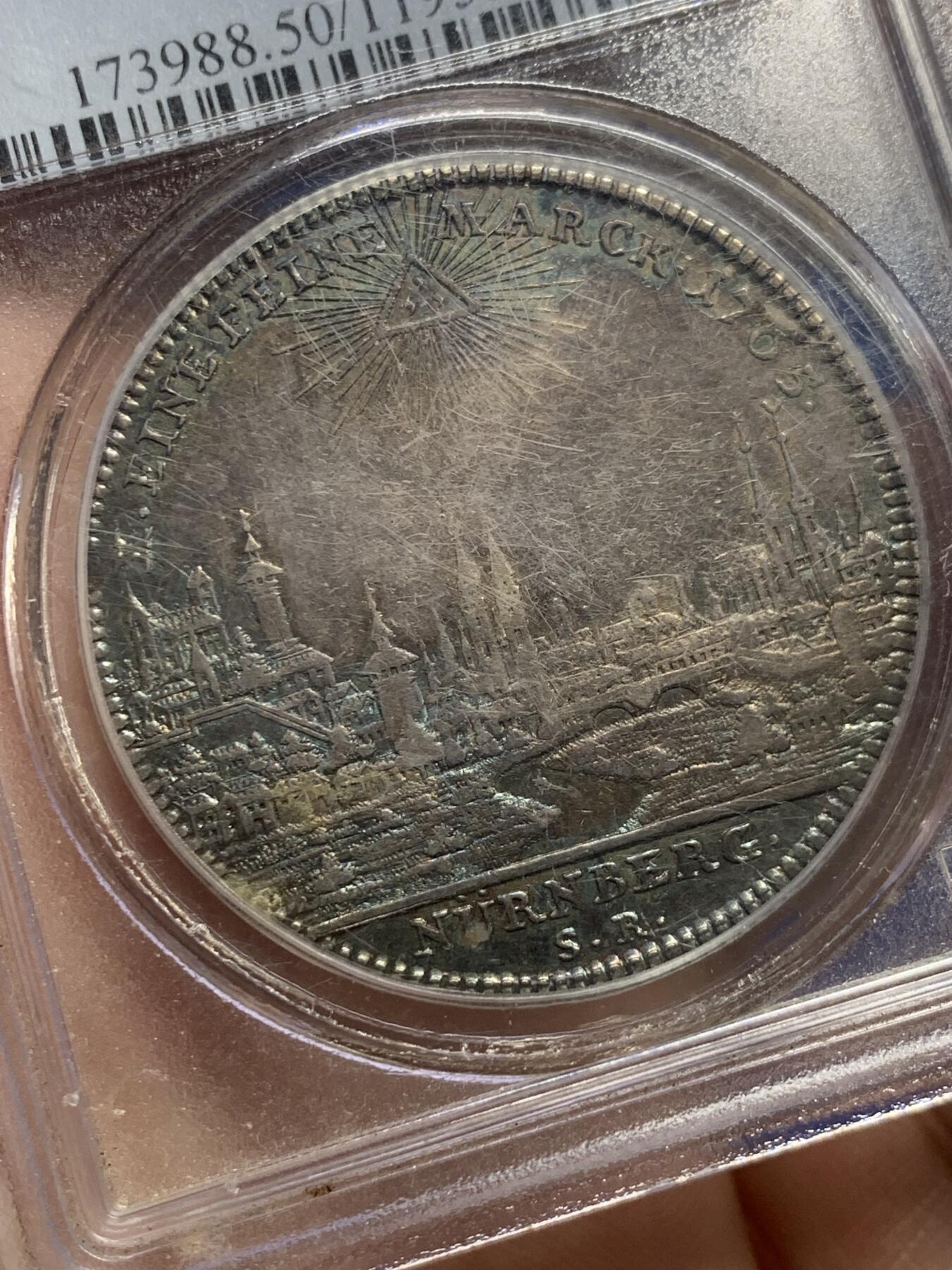 《竞宝斋》第441场 周日，周一，2场连拍 （全场包邮） PCGS AU50  德国纽伦堡1765年双头鹰景观泰勒大银币 早期P盒 保存很不错 状态包浆同样惊人美丽