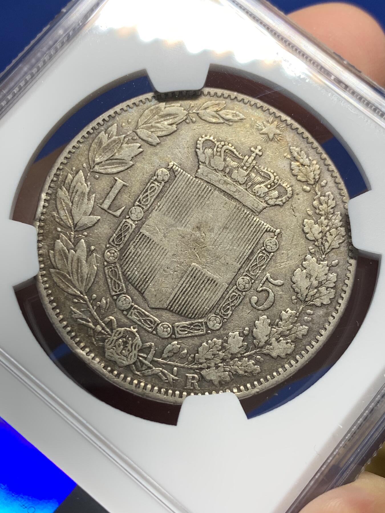 《竞宝斋》第441场 周日，周一，2场连拍 （全场包邮） NGC XFD 意大利1879年翁贝托一世5里拉银币 状态不错细节很好感觉是可以出分的