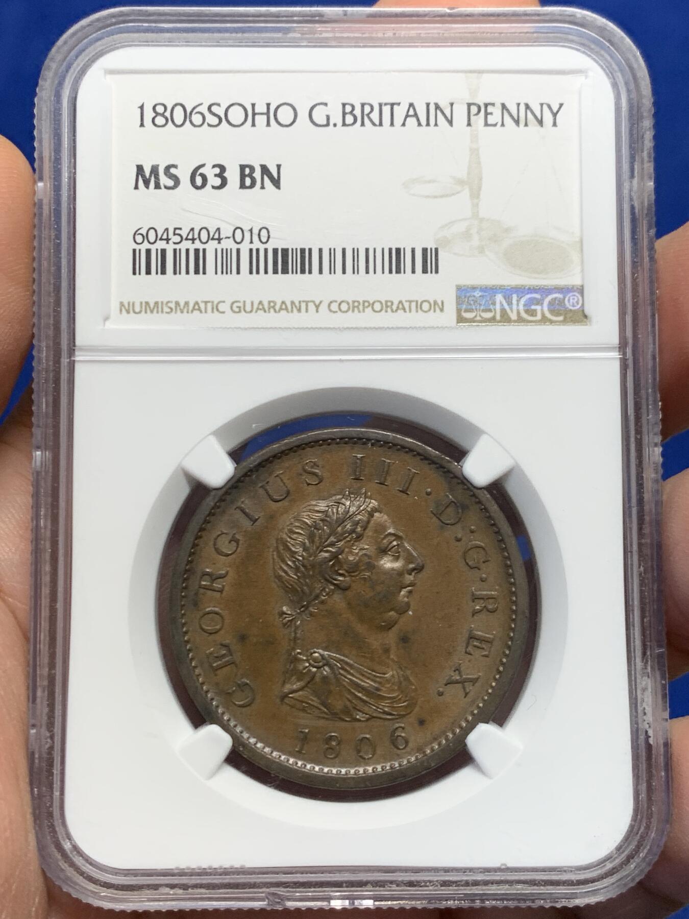 《竞宝斋》第441场 周日，周一，2场连拍 （全场包邮） NGC MS63BN 英国1806乔三1便士大铜，SOHO铸造的经典款，温润厚重的巧克力色光泽，代表了铜币最理想的保存状态。