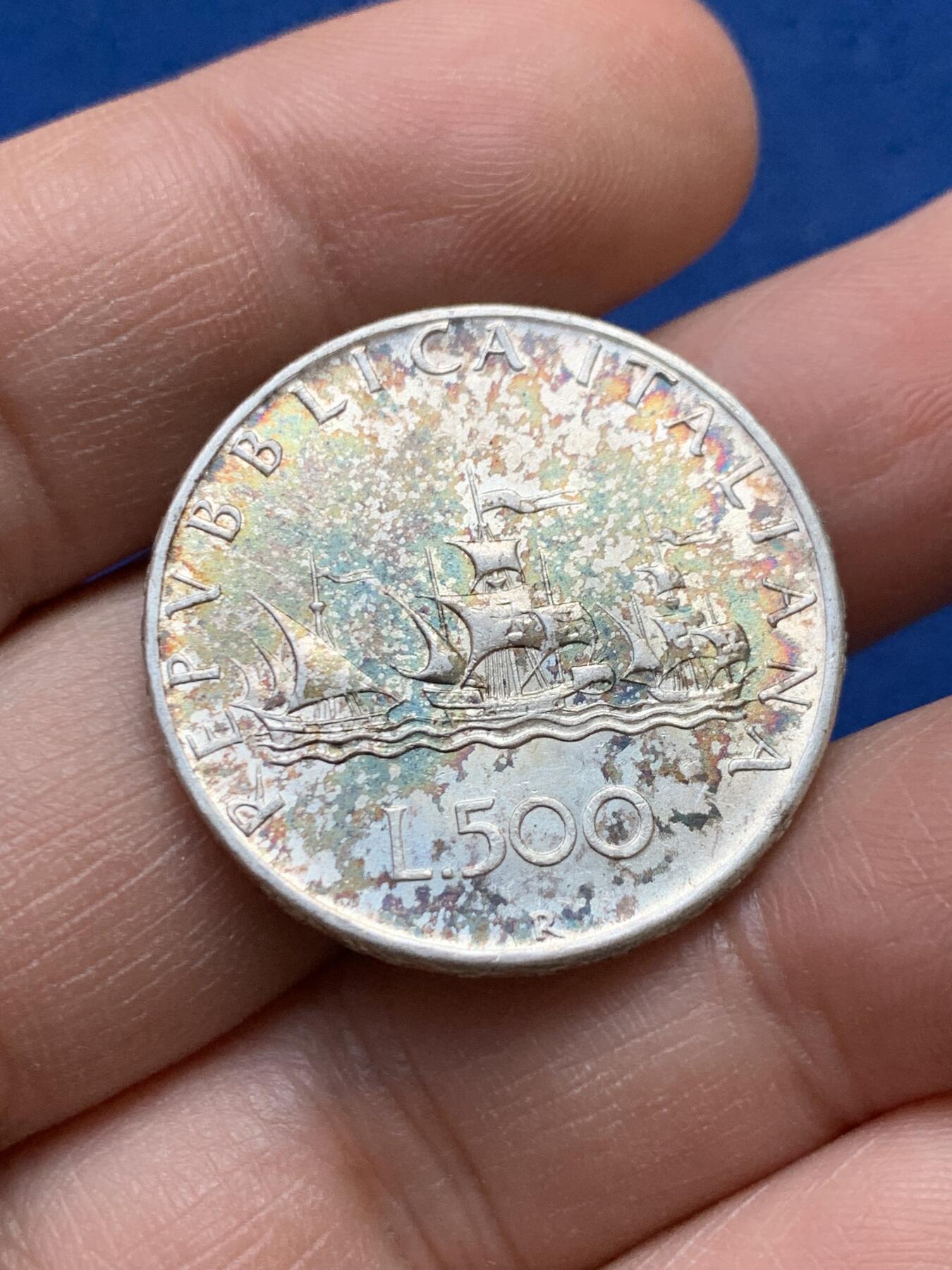 《竞宝斋》第441场 周日，周一，2场连拍 （全场包邮） 意大利1966年500里拉银币，双面包浆，经典帆船人妻设计，代表事业与爱情