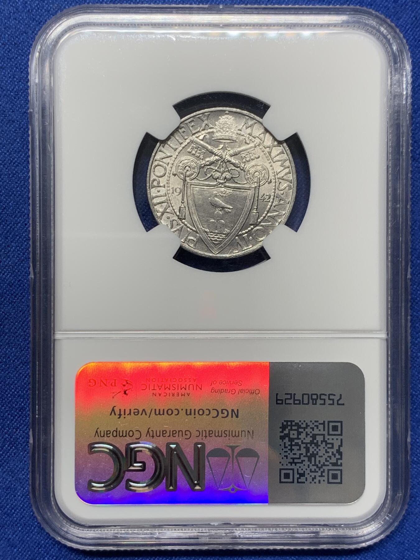 《竞宝斋》第441场 周日，周一，2场连拍 （全场包邮） NGC MS64 梵蒂冈1942年50C镍币