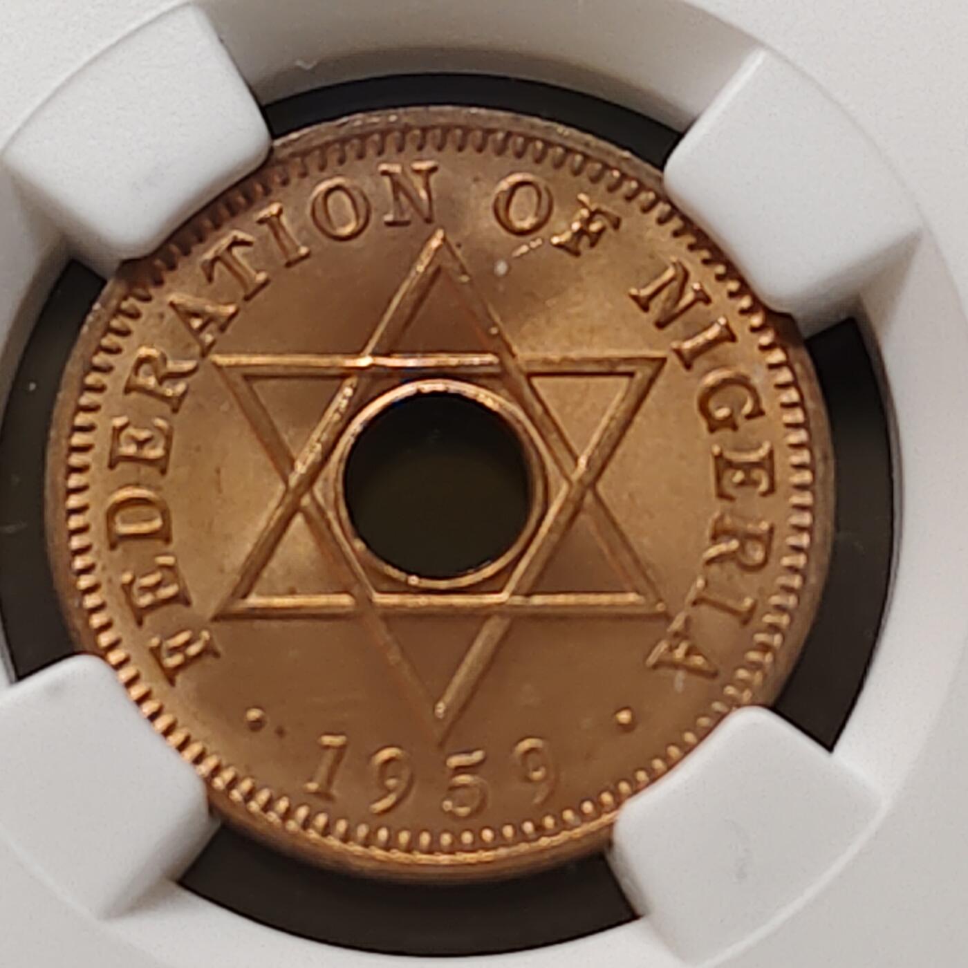 【全场包邮】纯粹捡漏拍481场（免费代拍第18场） 尼日利亚1959年1/2便士铜币-NGC MS63 RD